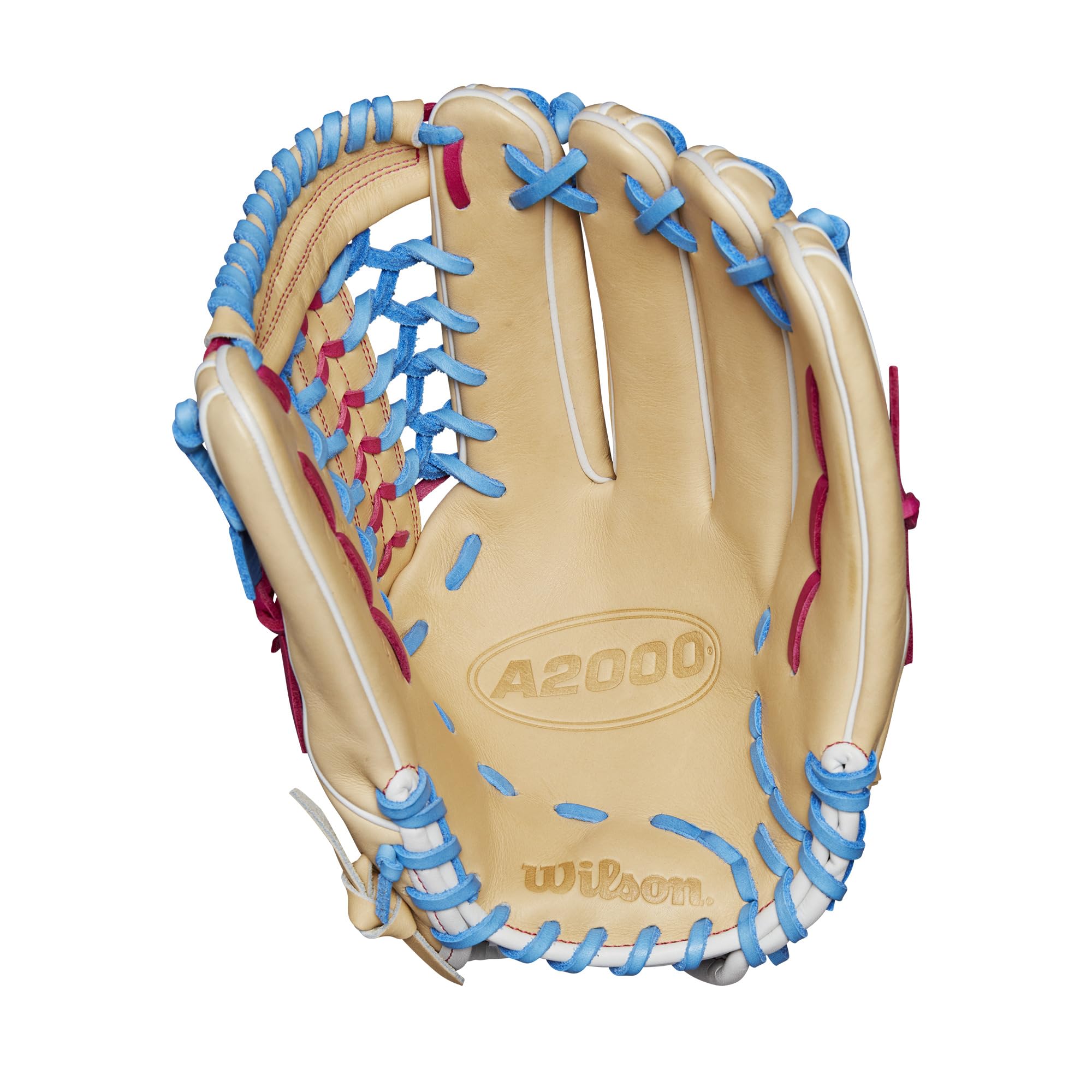Wilson Winter 2024 A2000 T125 12.5'' Outfield Fastpitch Glove - Blonde/Blue/Flamingo, Left Hand Throw