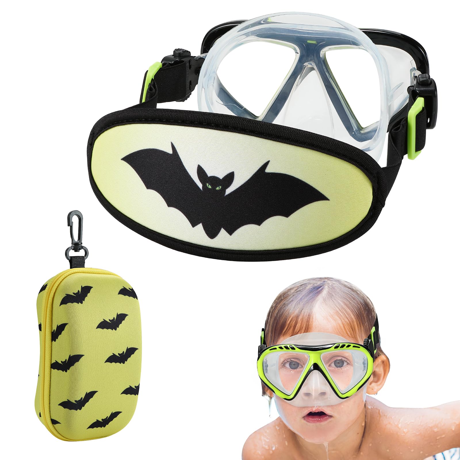 Toddler Goggles Nose Cover, Kid Goggles Fabric Strap, Swimming Goggles Kids 3-6 (Bat)