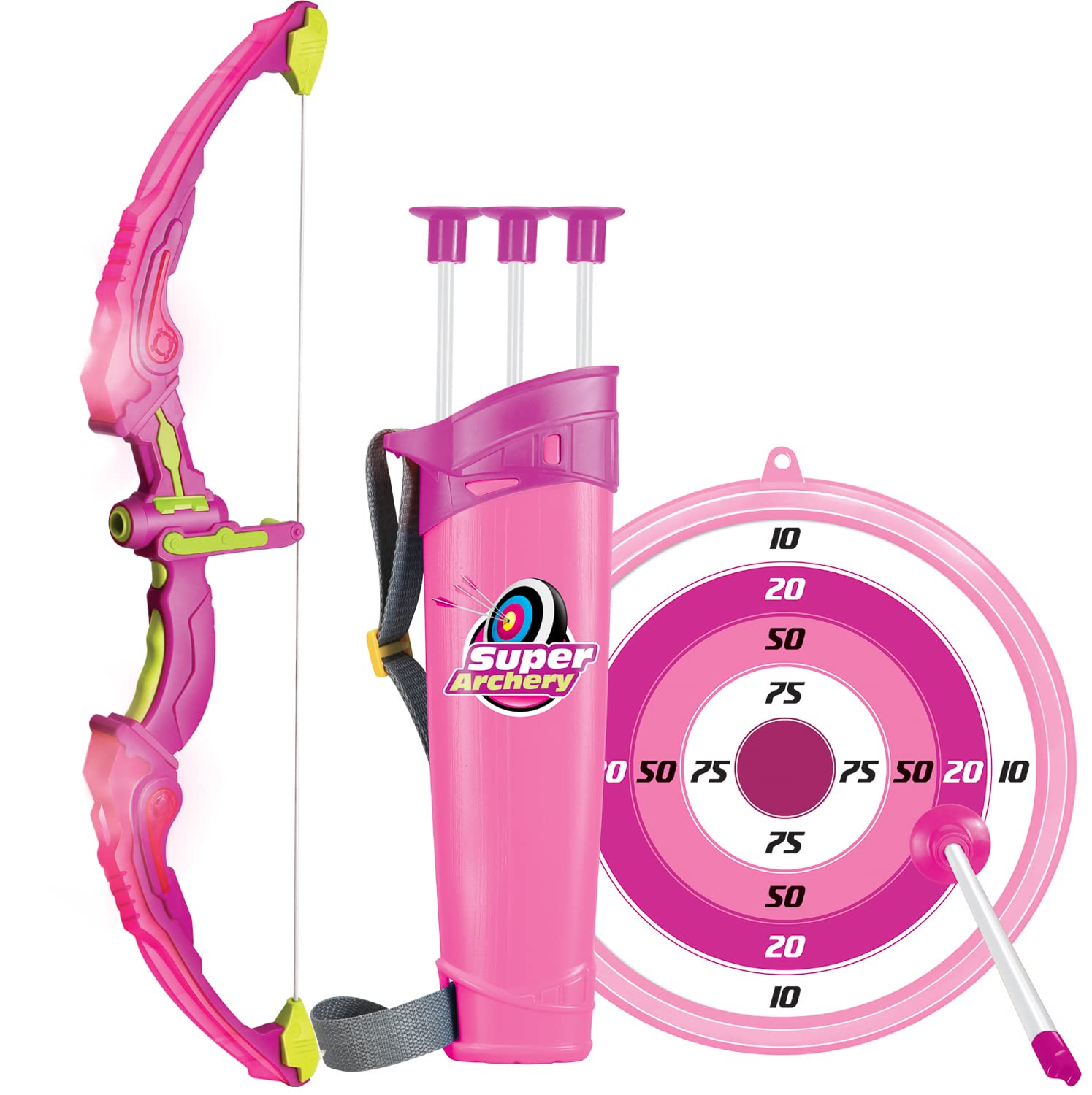 Click N' Play Pink Bow & Arrow Archery Set For Girls, Toy Bow & Arrow That Lights Up For Outdoor Play With 3 Suction Cup Arrows,