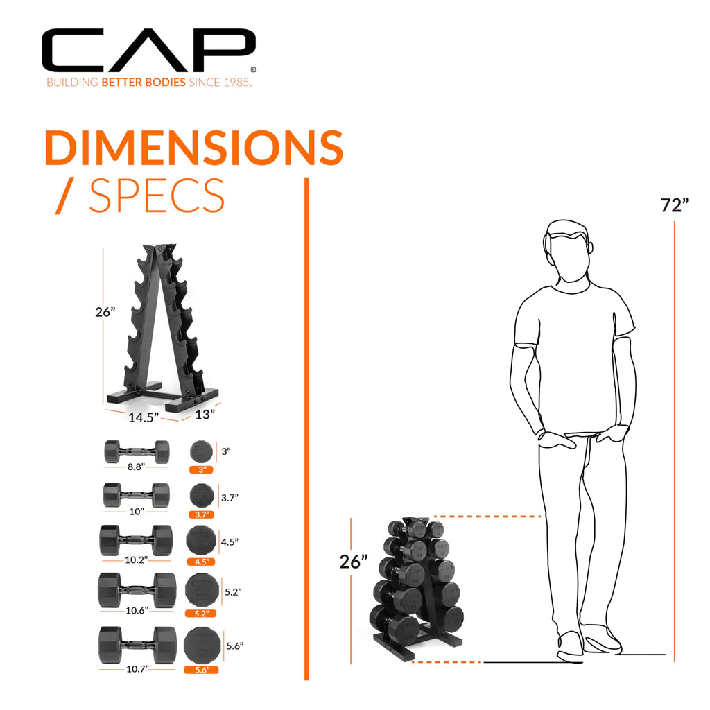 CAP Barbell 150 LB Black Handle Coated 12-Sided Dumbbell Set with Vertical Orange Rack