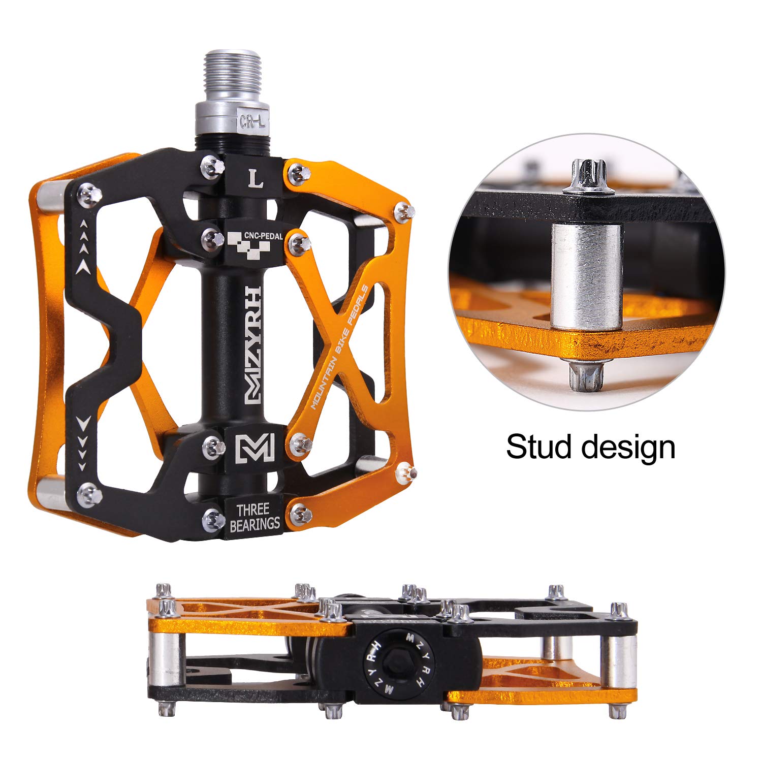 Mzyrh Mountain Bike Pedals, Ultra Strong Colorful Cnc Machined 9/16'' Cycling Sealed 3 Bearing Pedals (Black Black Glod 3 Bearin