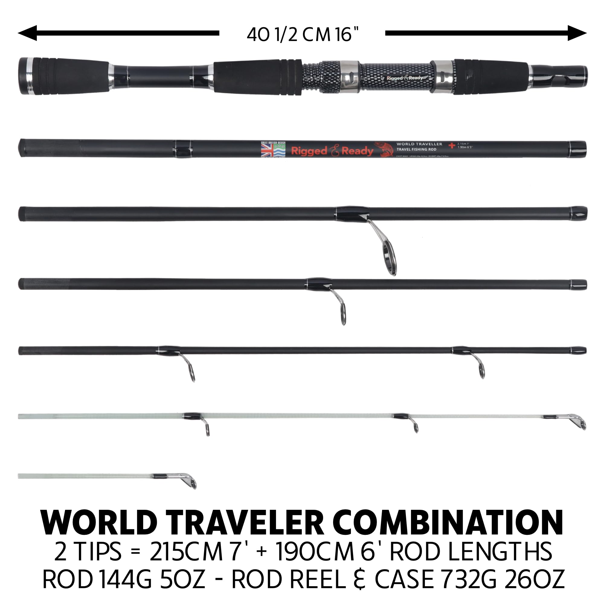 Rigged And Ready World Traveller Rod Reel Case Combination + 2 Tips 215+190Cm (7'+6') Angling Travel Pole. Spin Bait Carp Pike F