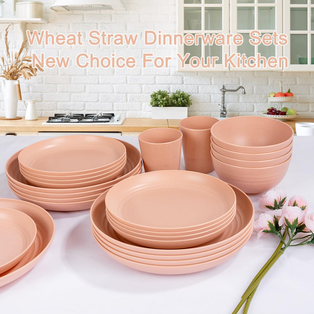 Rubtlamp 16Pcs Plastic Wheat Straw Dinnerware Set, Reusable Plastic Plate Set For 4, Kitchen Plates And Bowls Set (Orange Pink)