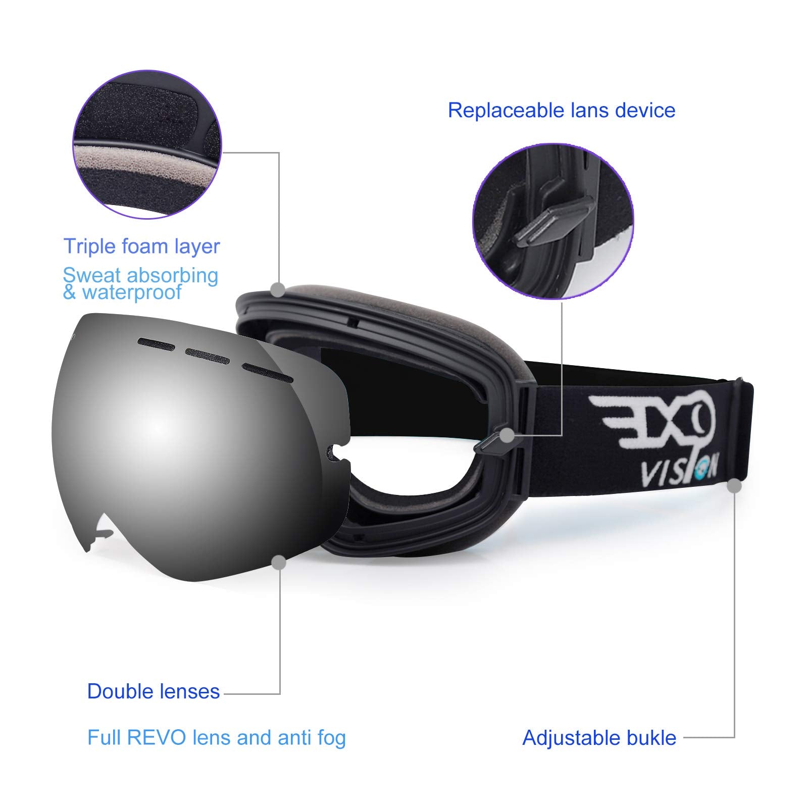 Exp Vision Snowboard Ski Goggles Men Women Youth, Anti Fog Otg Winter Snow Goggles Spherical Detachable Lens