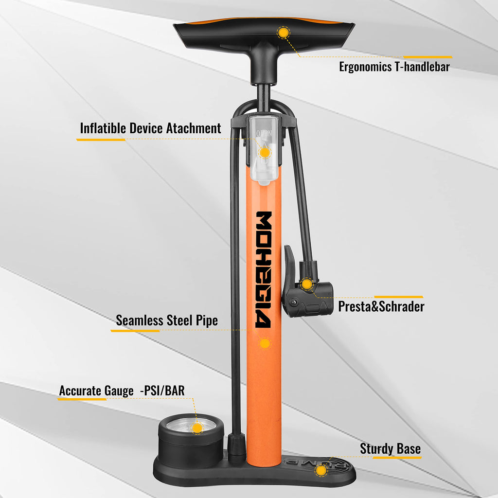 Mohegia Bike Floor Pump With Gauge,Air Bicycle Pump Inflator With High Pressure 160 Psi,Fits Schrader And Presta Valve/Orange