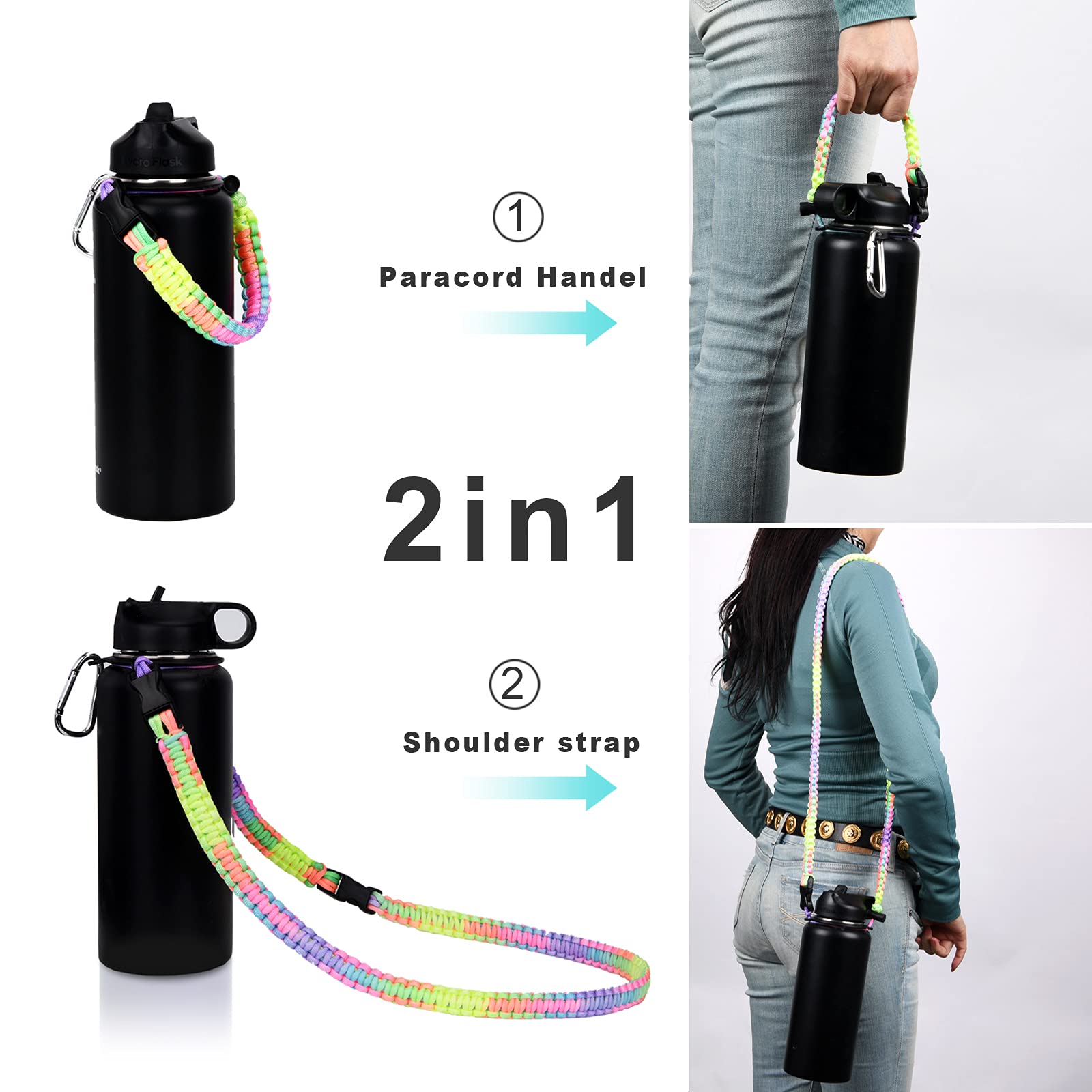 Ilvanya Paracord Handle With Shoulder Strap For Hydro Flask Wide Mouth Bottles, Paracord Strap Carrier For 12Oz To 64Oz Bottle,