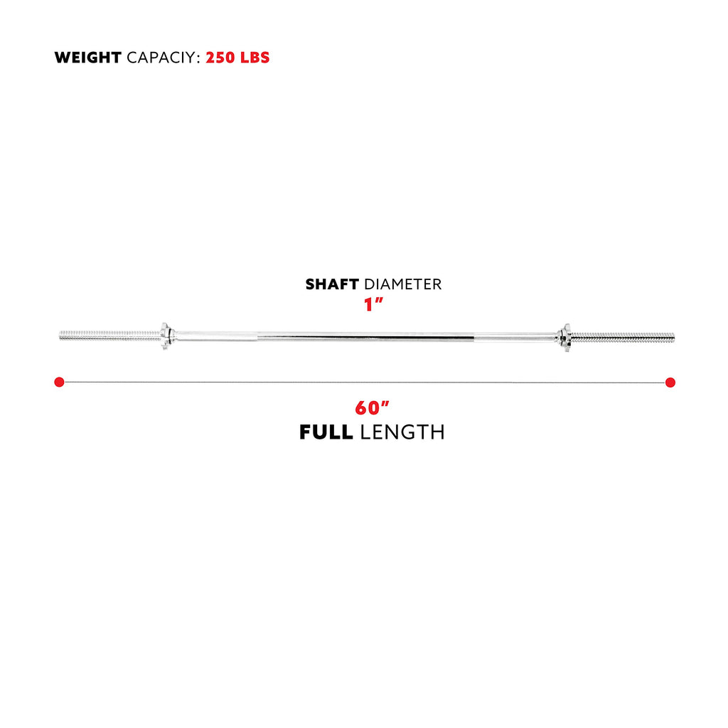 Sunny Health & Fitness 60 Inch Threaded Chrome Barbell Bar, 1 Inch Barbell Diameter With Ring Collars - Stbb-60