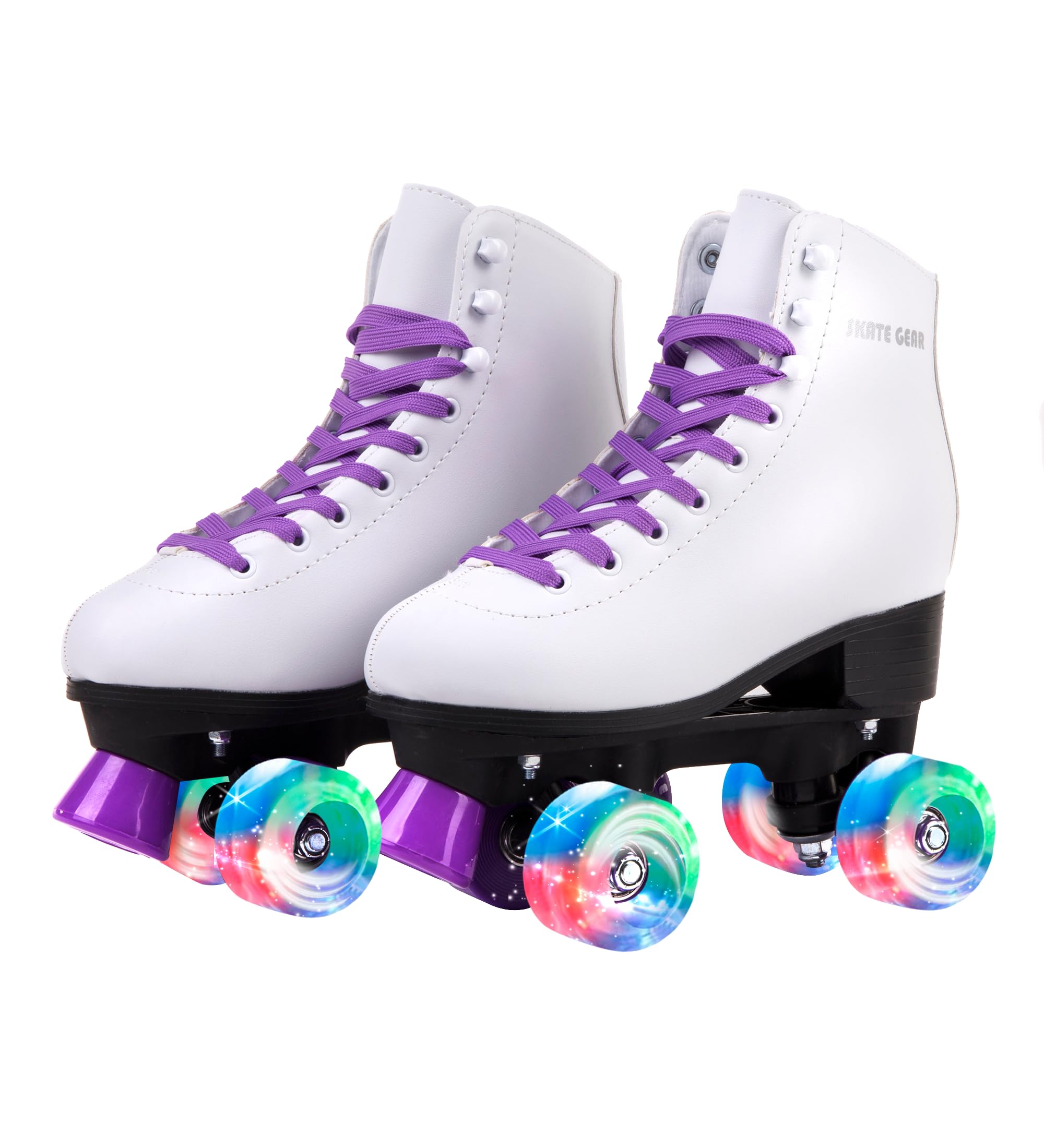 Skate Gear Extra Support Quad Roller Skates for Kids and Adults (Purple w LED, Youth 2)