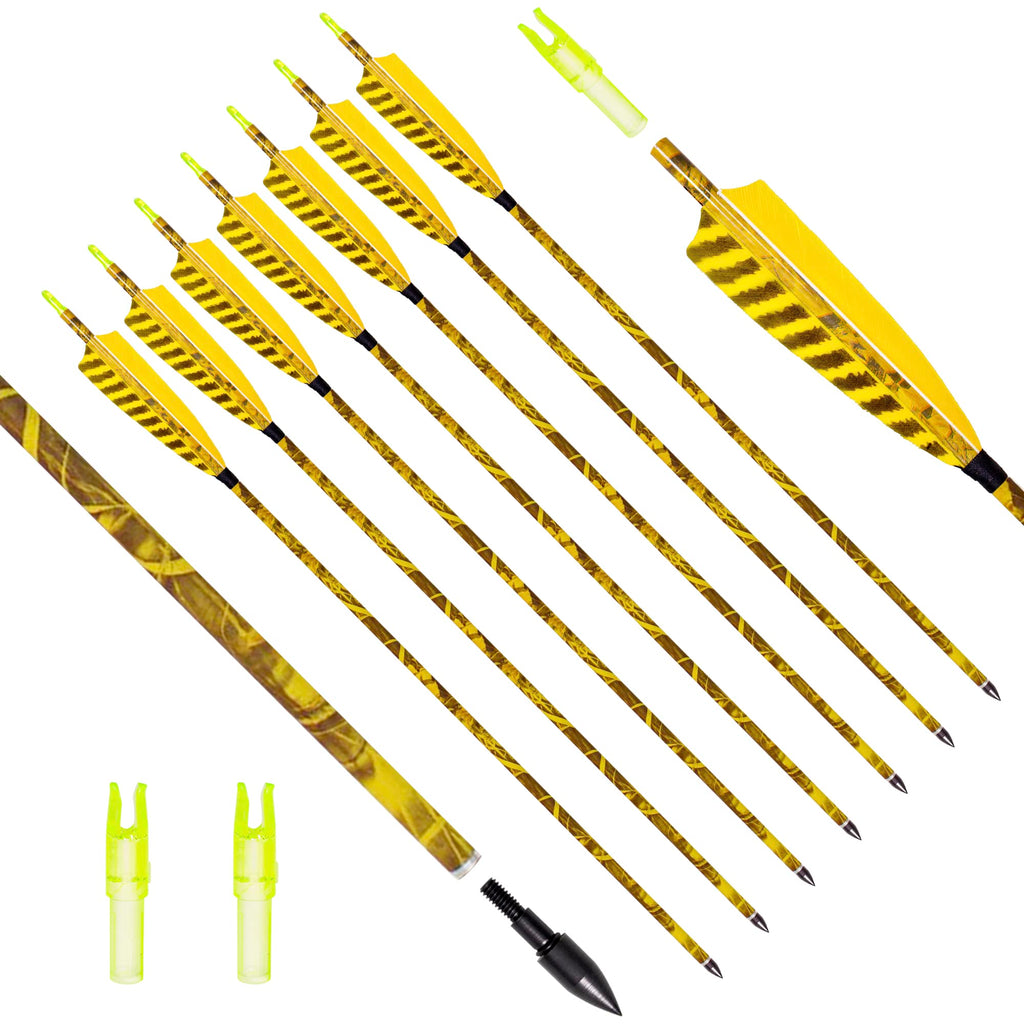 [6 Pack] Archery Sharly 31Inch Carbon Arrow Practice Hunting Arrows With 5 Camo Natural Feathers For Traditional Recurve Bow And