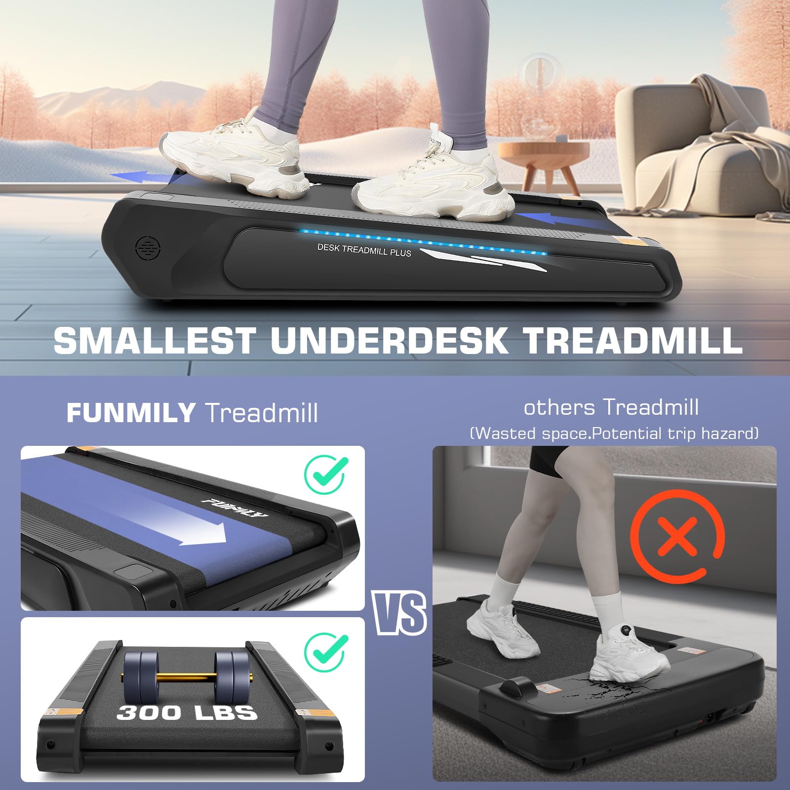 Funmily Walking Pad Treadmill With 5% Incline, 2.5Hp Smallest Under Desk Treadmill For Home Office, Compact Walking Treadmills 3