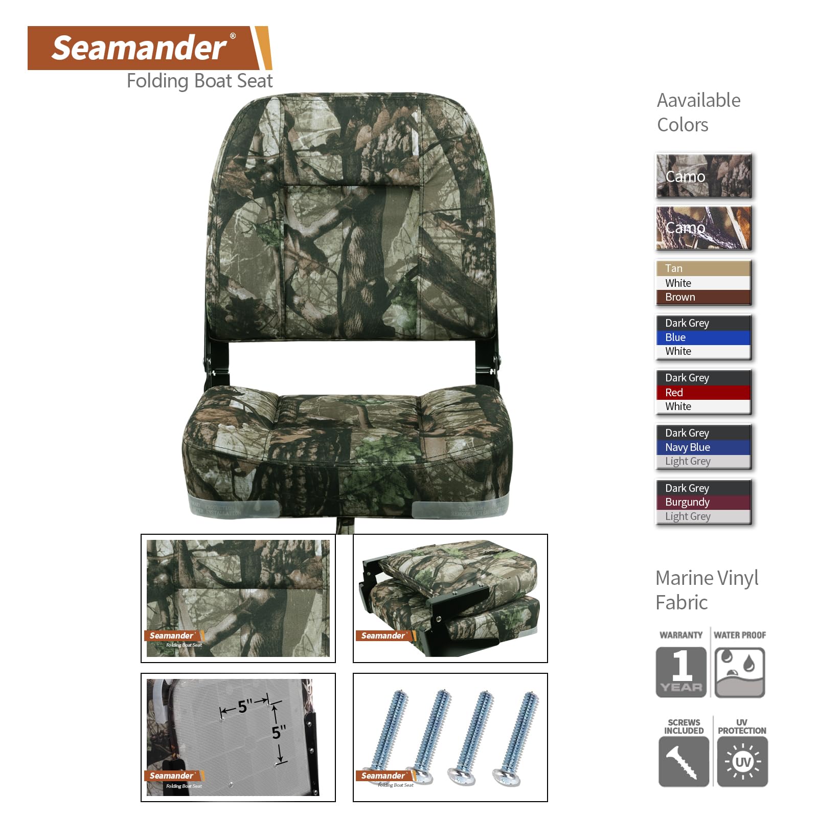 Seamander Low Back Boat Seats, Folding Boat Seats With Stainless Steel Screws,Aluminum Hinges&Padded,Fishing Boat Seat, Multiple