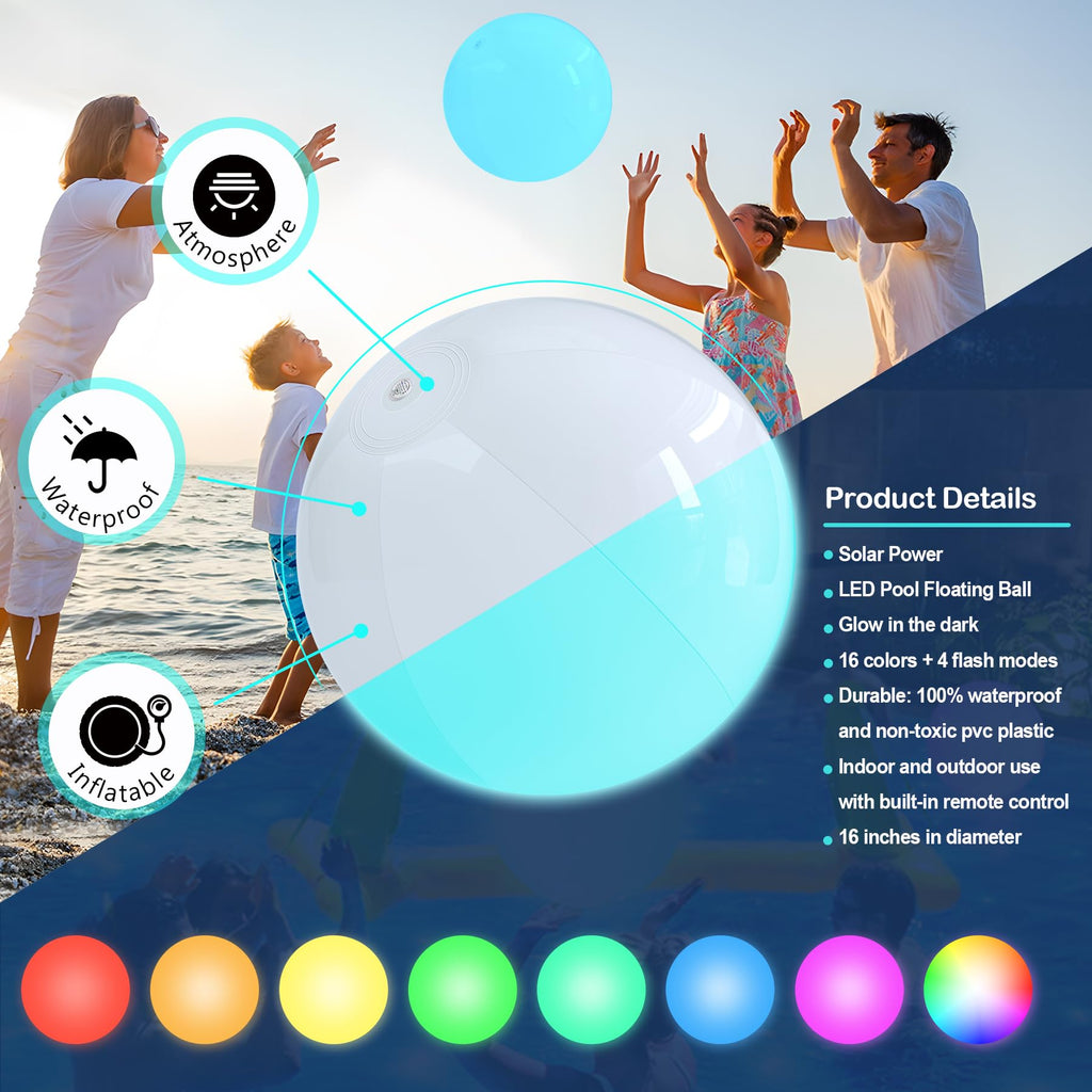 Led Large Floating Pool Ball - 16 Inflatable Solar Beach Ball Pool Toys For Adults And Kids With Remote Control 16 Colors Lights
