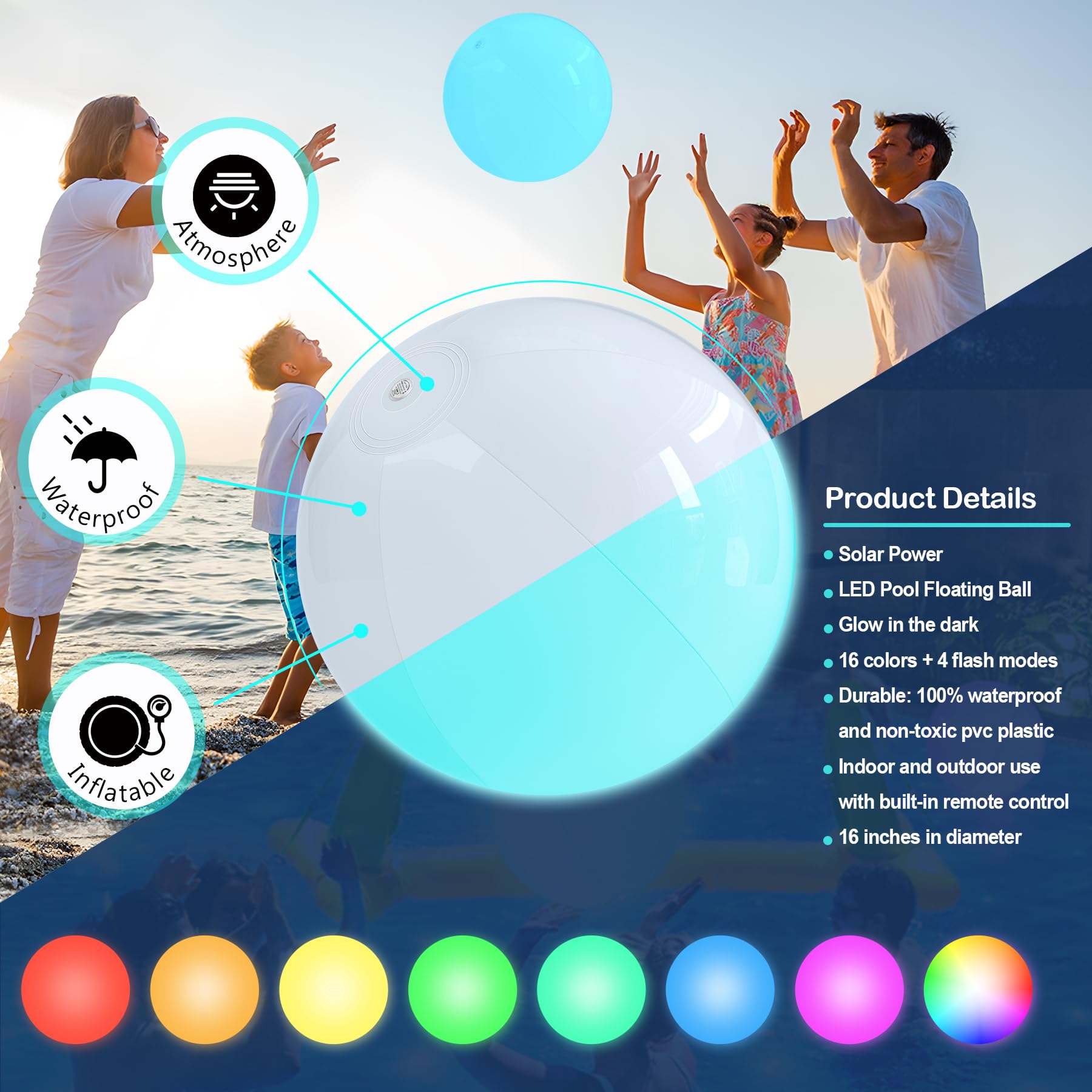Led Large Floating Pool Ball - 16 Inflatable Solar Beach Ball Pool Toys For Adults And Kids With Remote Control 16 Colors Lights
