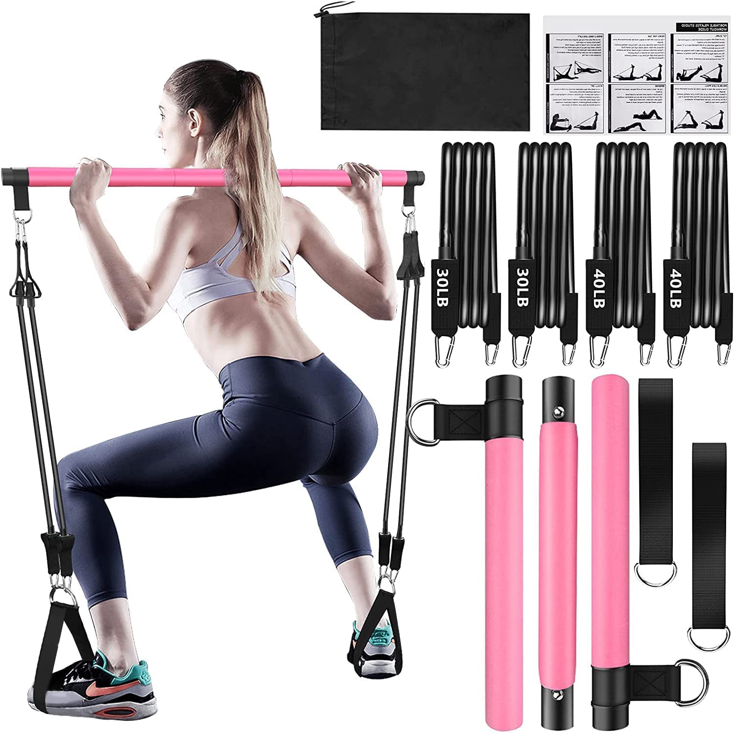 Bbtops Pilates Bar Kit With Resistance Bands(4 X Bands),3-Section Pilates Bar With Stackable Bands Workout Equipment For Legs,Hi