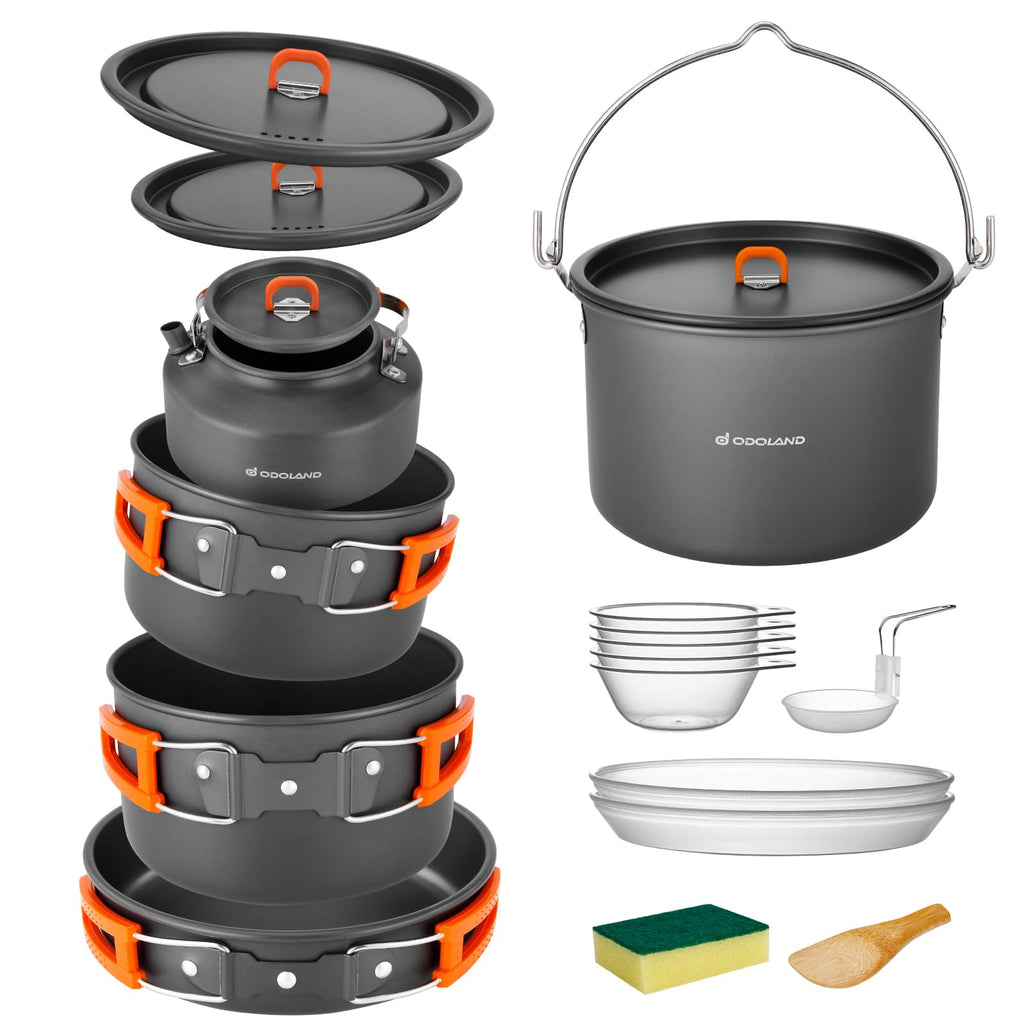 Odoland 18Pcs Camping Cookware Large Size Hanging Pot Pan Kettle Set With Plastic Plates Bowls Soup Spoon For Camping, Backpacki