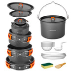 Odoland 18Pcs Camping Cookware Large Size Hanging Pot Pan Kettle Set With Plastic Plates Bowls Soup Spoon For Camping, Backpacki