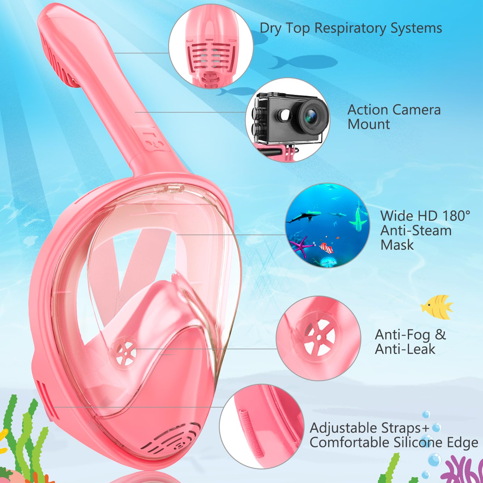 Ezire Kids Snorkel Mask Full Face, Snorkeling Gear For Kids 2-14 With Camera Mount, 180 Degree Panoramic View Snorkeling Set Ant