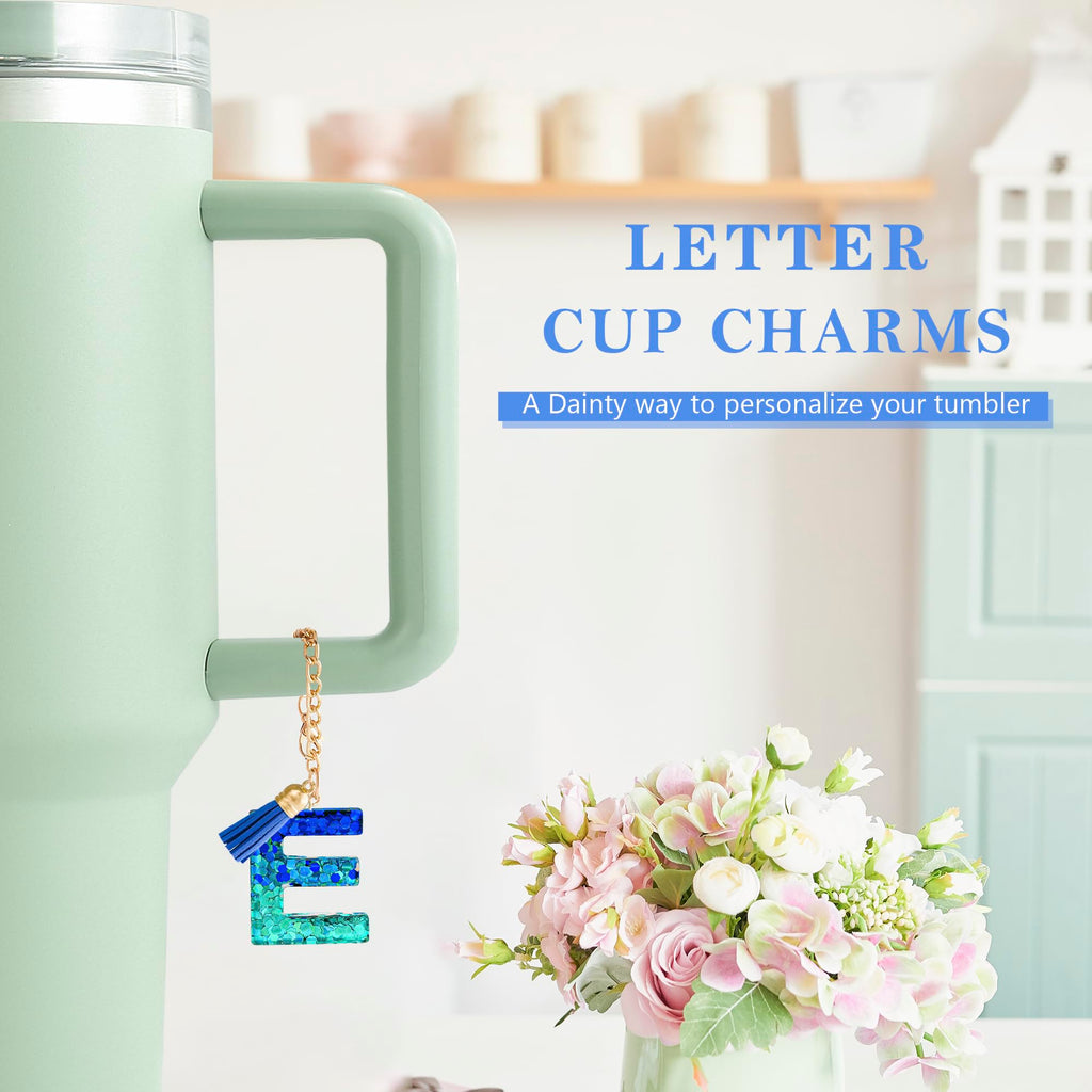 Letter Charm Accessories for Stanley Cup 1 PCS Cute Initial Keychain Handle Charm for Stanley Tumbler for Women Blue Letter E
