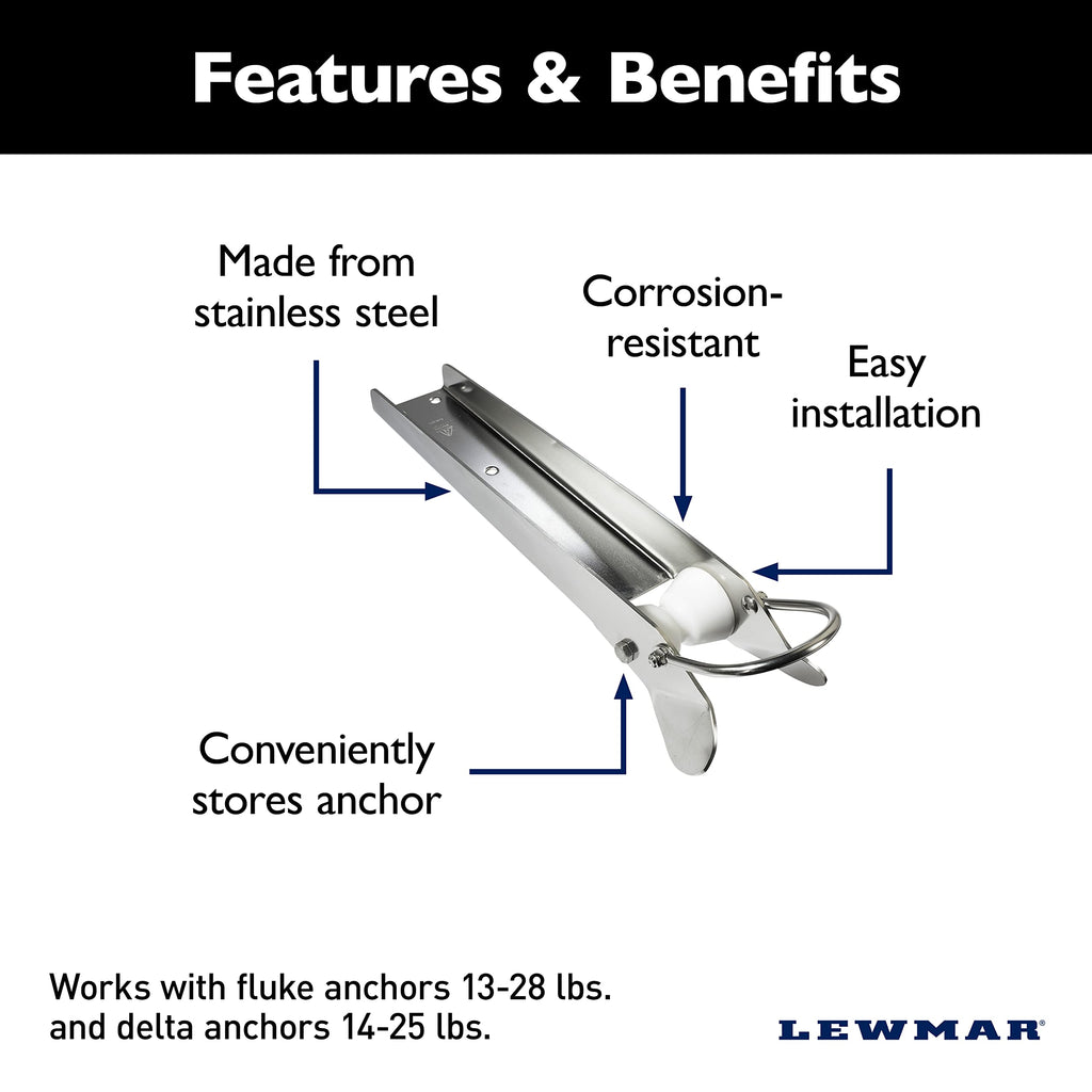 Lewmar Bow Roller For Fluke Anchors 13-28 Lbs., Delta 14-35 Lbs., Stainless Steel, Derlin Rollers, Measures 5'' W X 19'' L, Easy