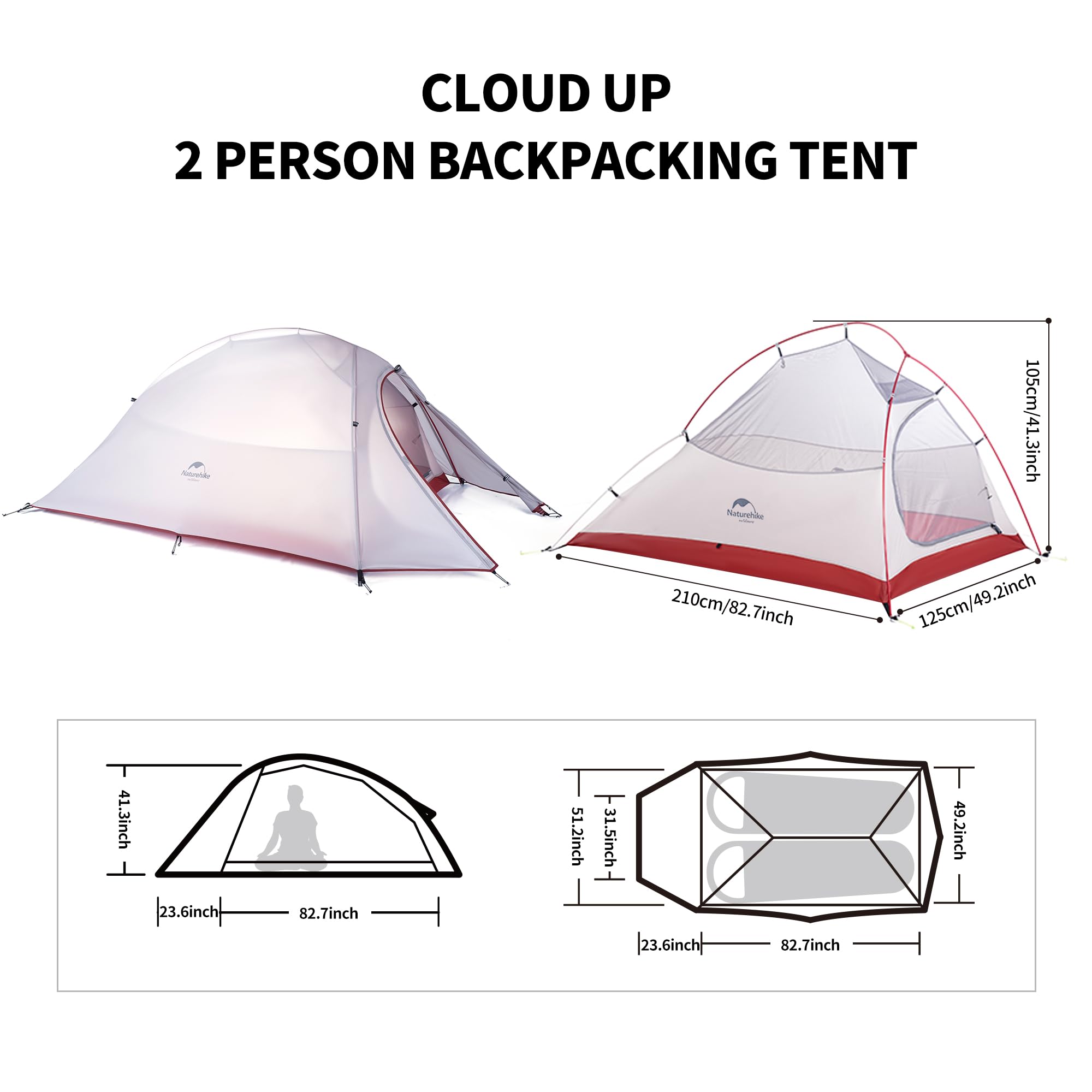 Naturehike Cloud-Up 2 Person Tent Lightweight Backpacking Tent With Footprint - Free Standing Ultralight Camping Hiking Backpack