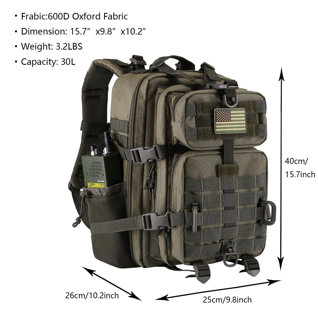 Hannibal Tactical 30L Molle Assault Pack, Tactical Backpack Military Army Camping Rucksack With Bottle Holder, 3-Day Pack, Olive