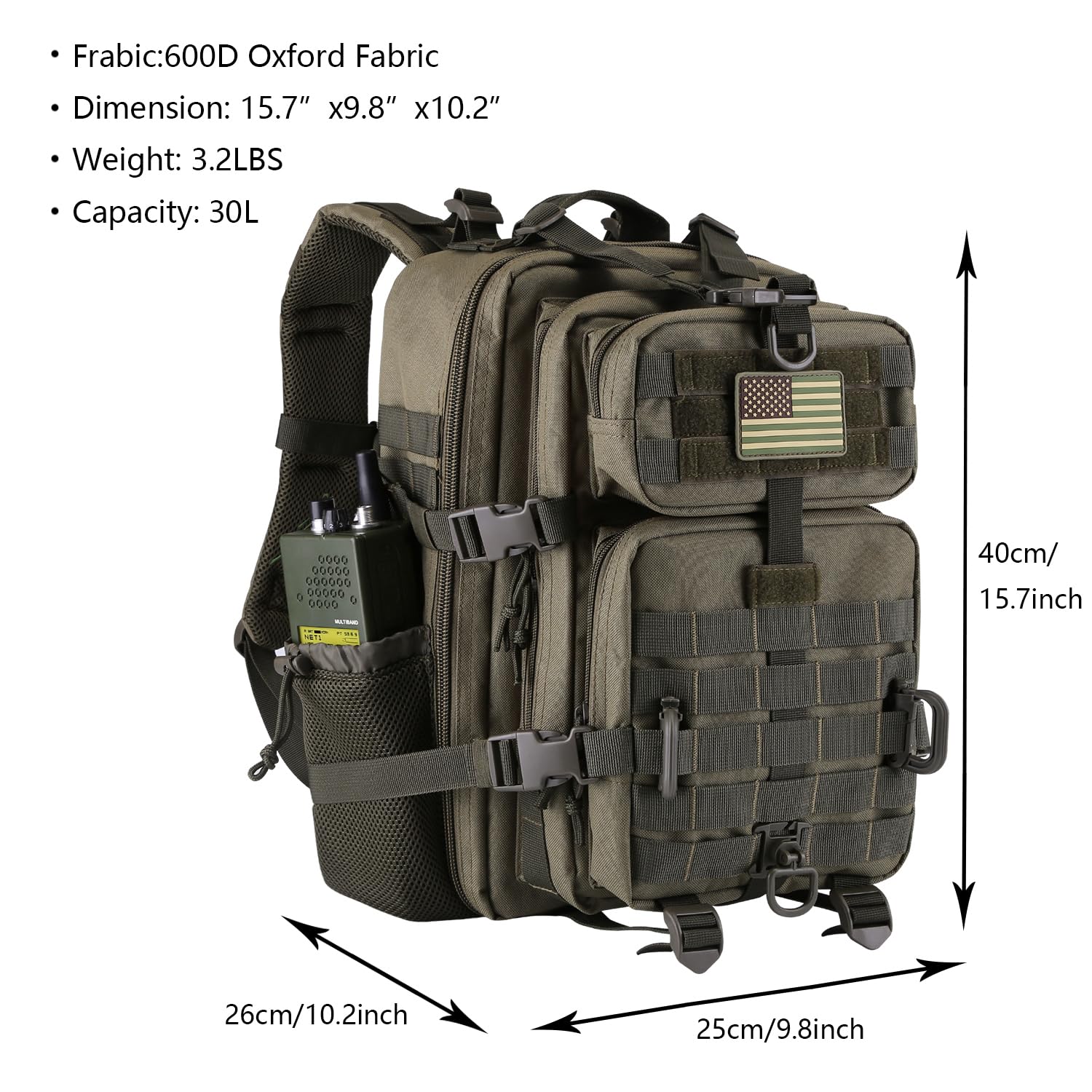 Hannibal Tactical 30L Molle Assault Pack, Tactical Backpack Military Army Camping Rucksack With Bottle Holder, 3-Day Pack, Olive