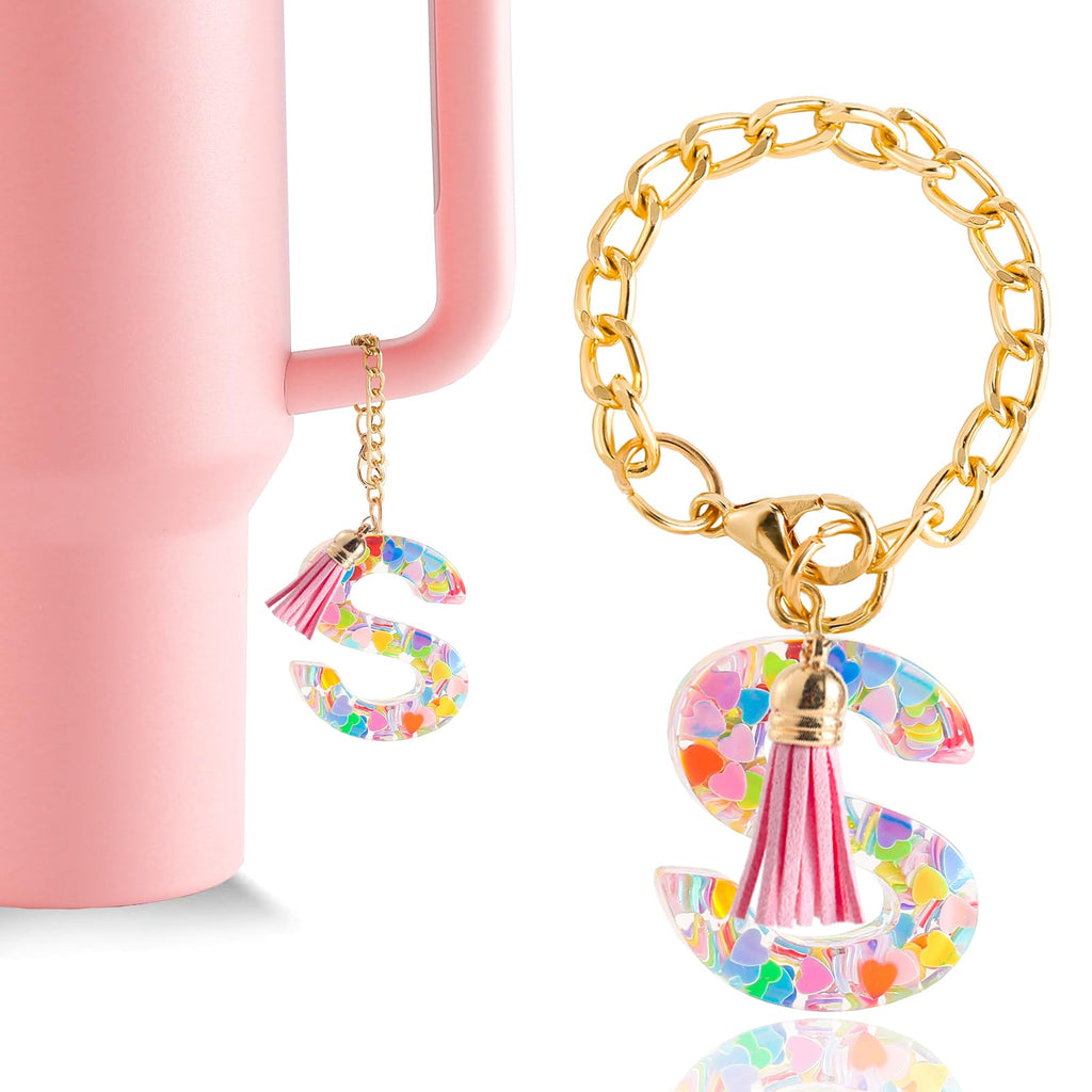 Letter Charm Accessories for Stanley Cup 1 PCS Cute Initial Keychain Handle Charm for Stanley Tumbler for Women Pink Letter S