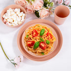 Rubtlamp 16Pcs Plastic Wheat Straw Dinnerware Set, Reusable Plastic Plate Set For 4, Kitchen Plates And Bowls Set (Orange Pink)