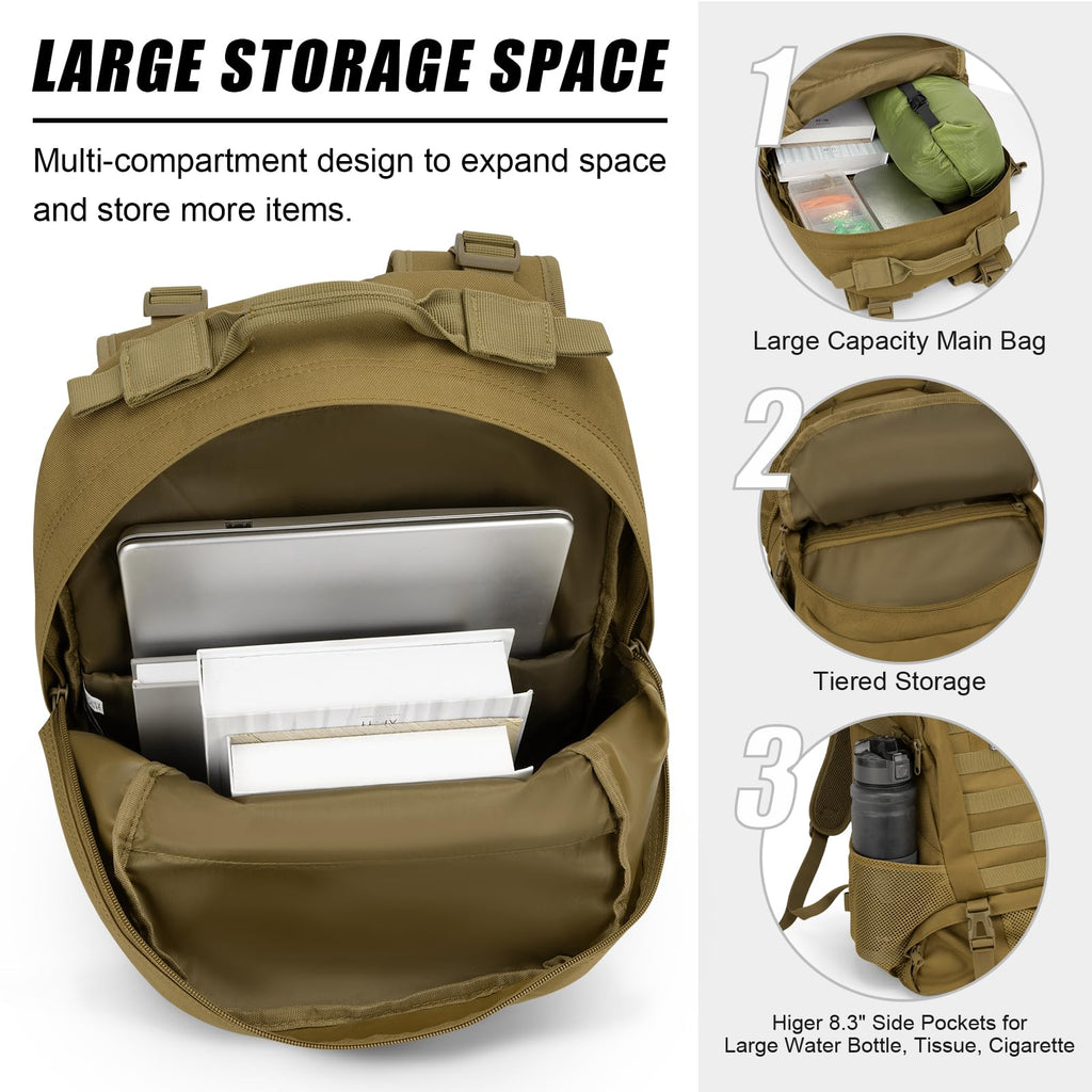 Jueachy Tactical Backpack For Men Hiking Day Pack Molle Military Rucksack Waterproof 30L Edc Bag With Usa Flag Patch Tan Style