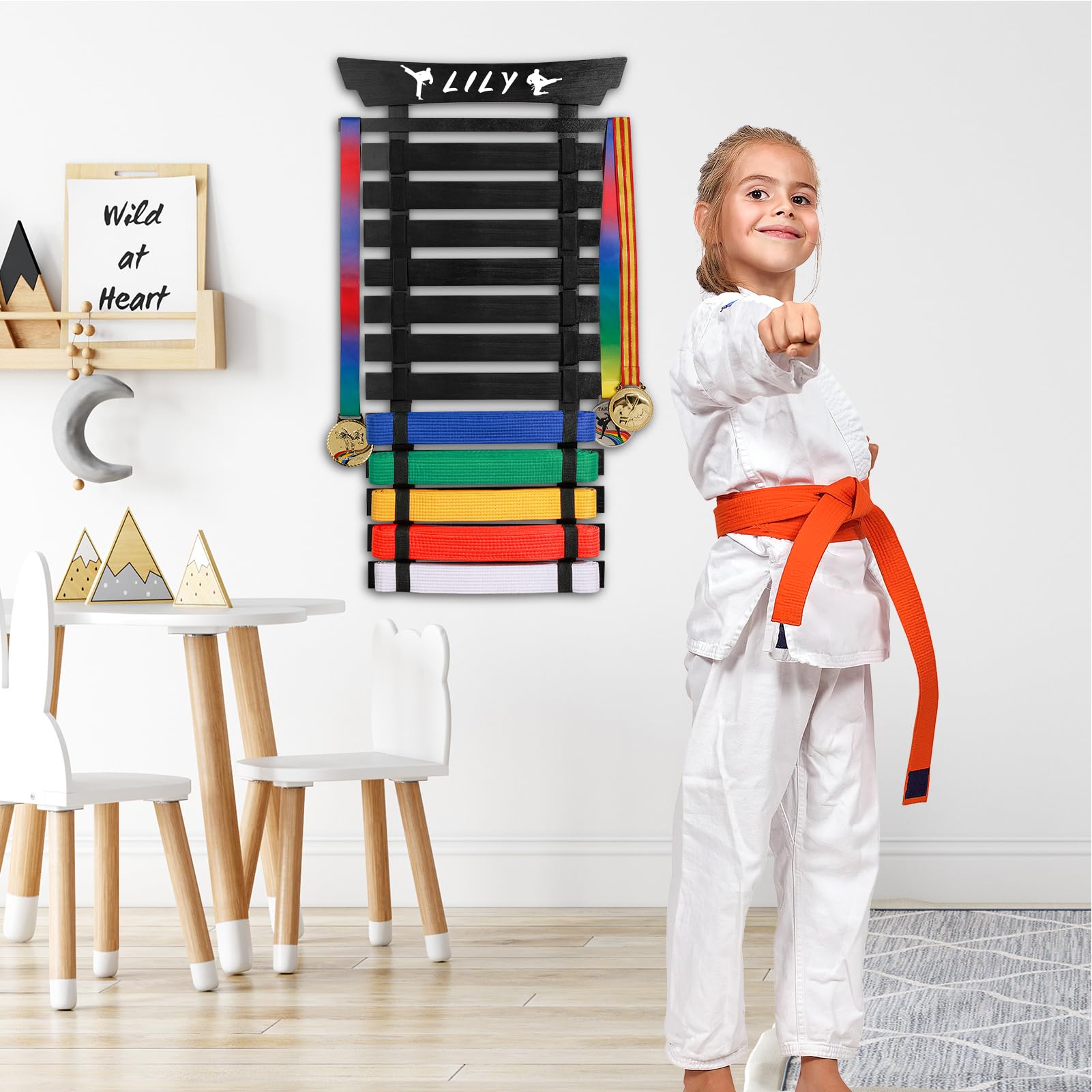 Winartton 12 Belts Karate Belt Display Rack With Stickers, Martial Arts Belt Display Holder, Taekwondo Belt Jiu Jitsu Belt Bjj B