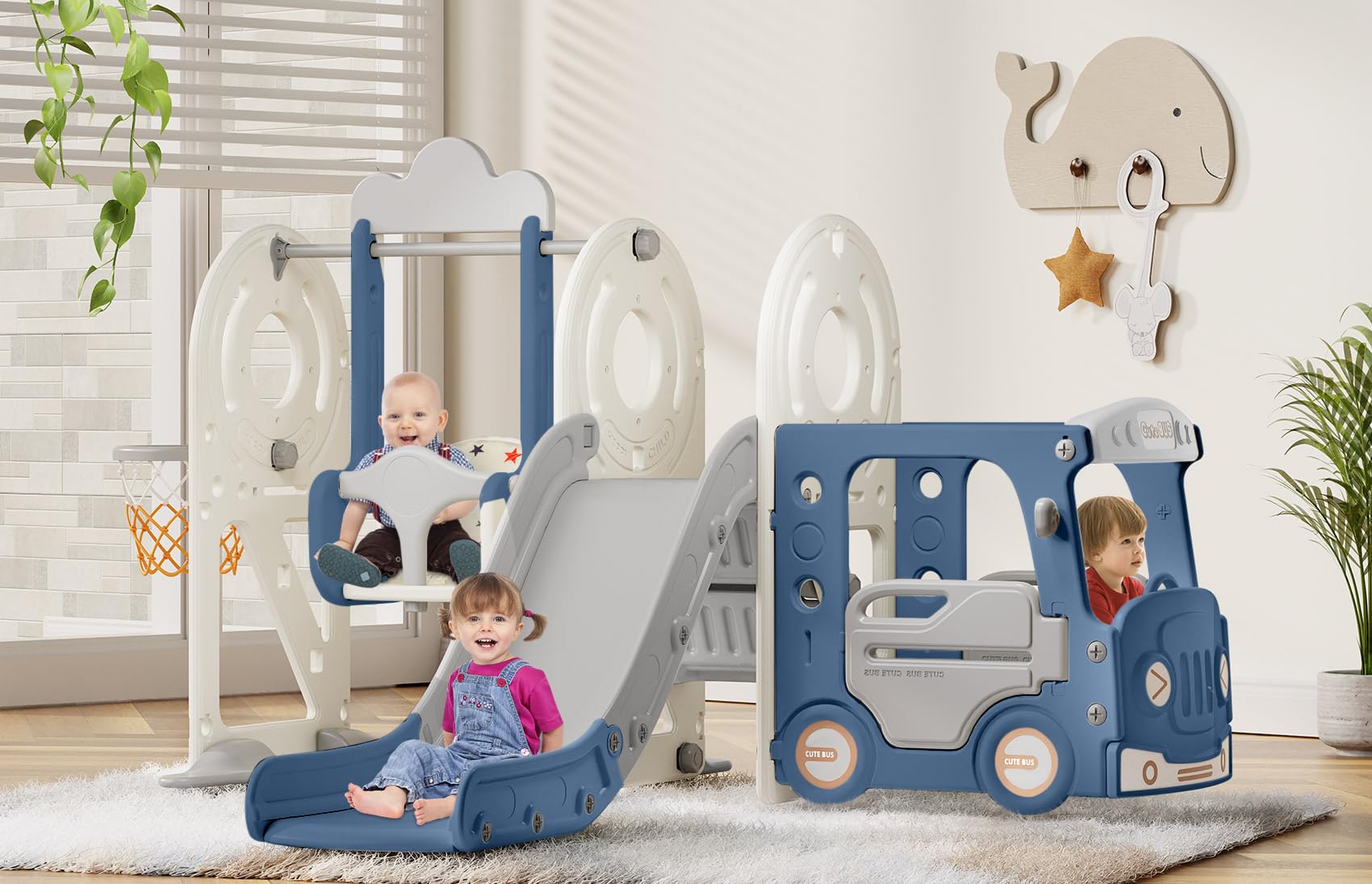 BIERUM 5 in 1 Toddler Slide and Swing Set, Kid Slide for Toddlers Age 1-3, Bus Themed Baby Slide with Basketball Hoop, Indoor Ou