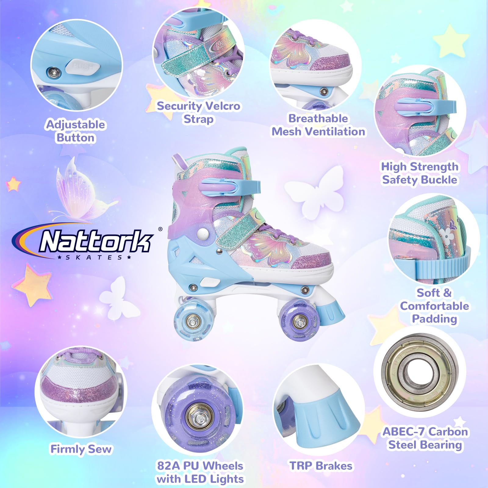 Kids Roller Skates For Girls Boys - Purple For Teenagers Youth Age 10 11 12 - Adjustable All Light Up Wheels Butterfly And Flowe