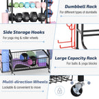 Plkow Dumbbell Weight Rack, Home Gym Storage For Kettlebells Yoga Mat And Balls, All In One Workout Storage With Wheels And Hook