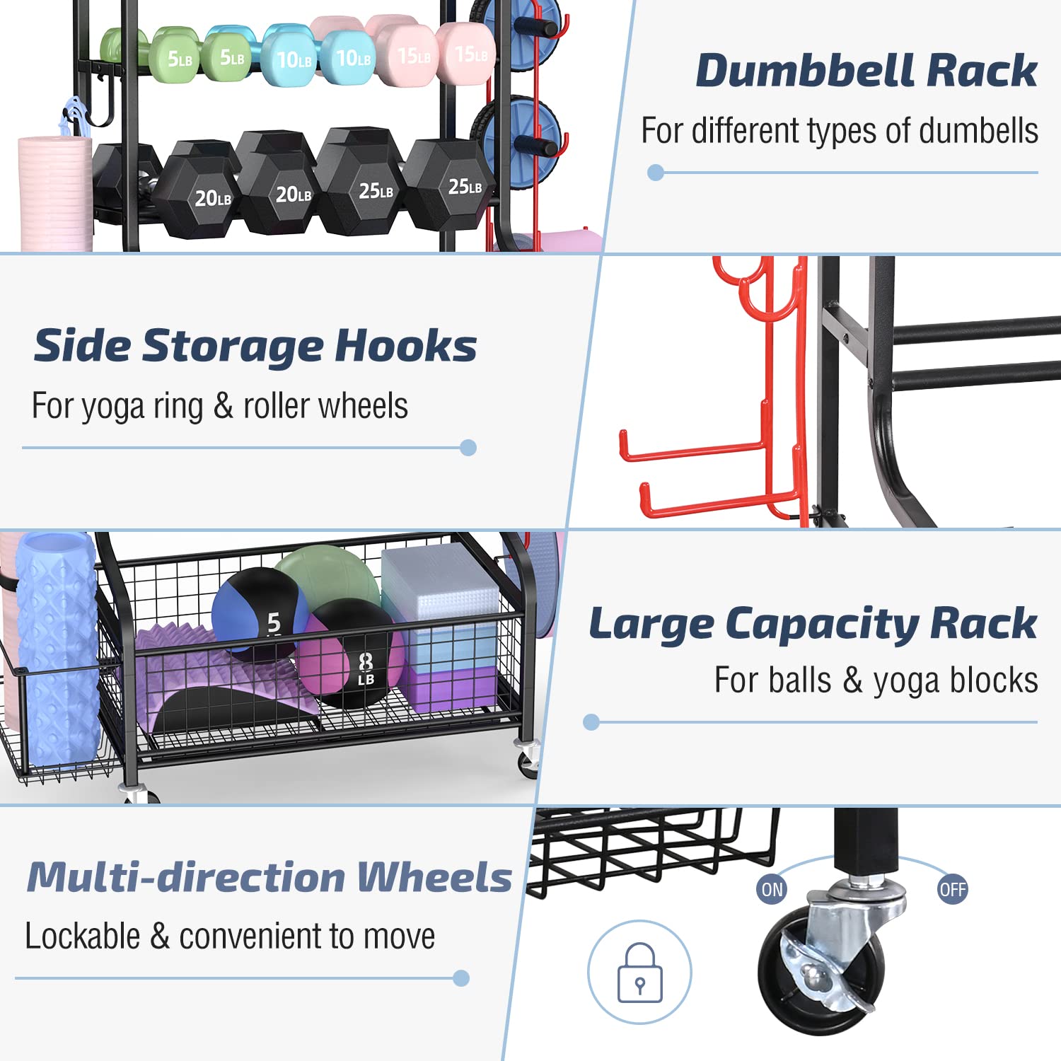 Plkow Dumbbell Weight Rack, Home Gym Storage For Kettlebells Yoga Mat And Balls, All In One Workout Storage With Wheels And Hook