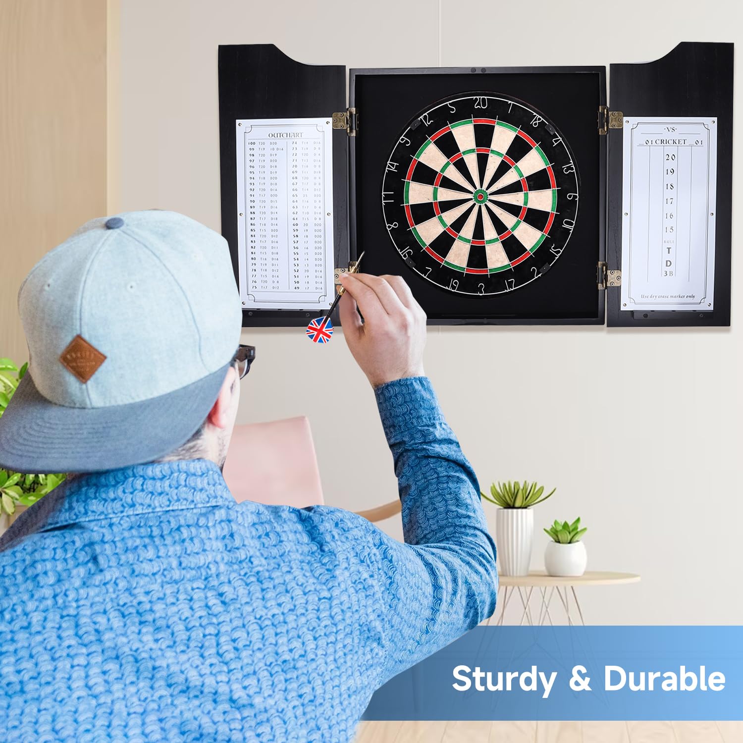 Gse Professional Solid Wood Classic Dartboard Cabinet With Sisal/Bristle Dartboard, Dart Scoreboard, And 6 Steel Tip Darts, Easy