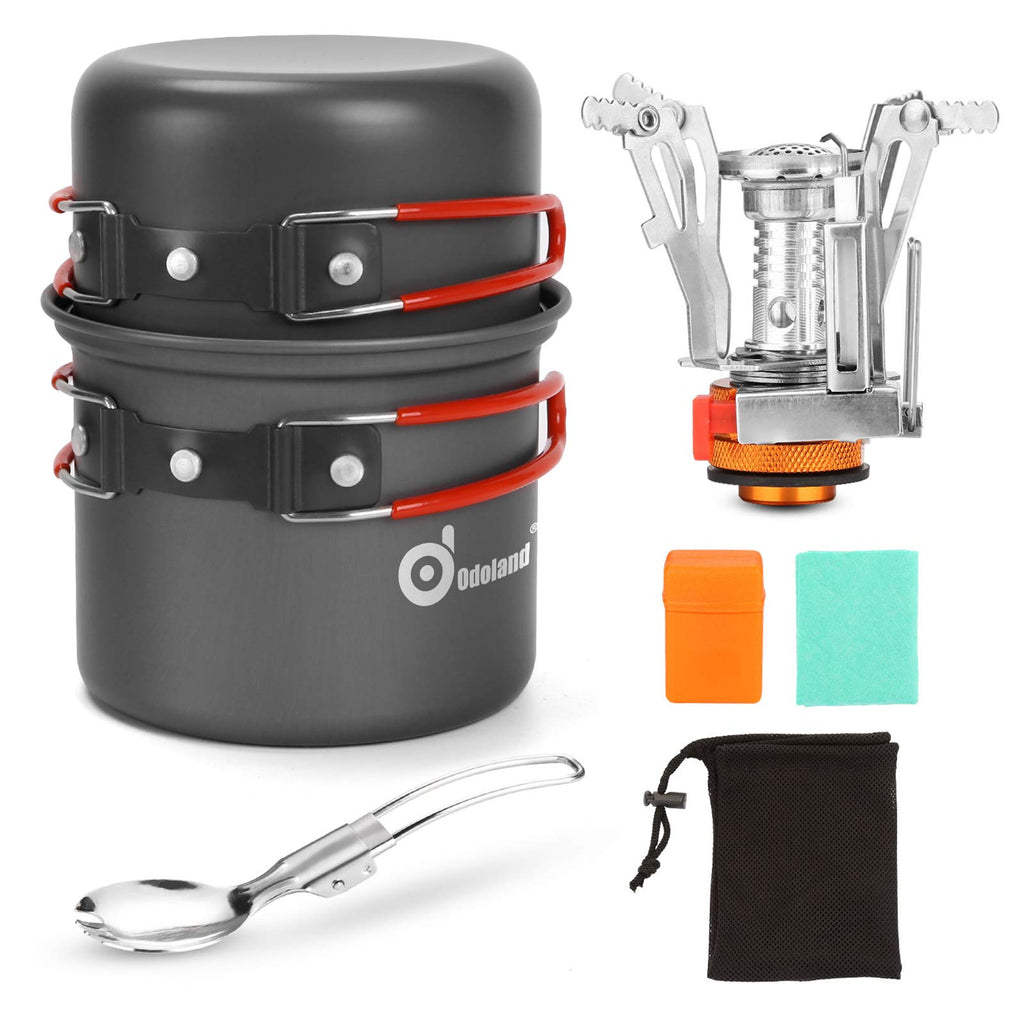 Odoland 6Pcs Camping Cookware Mess Kit With Lightweight Pot, Stove, Spork And Carry Mesh Bag, Great For Backpacking Outdoor Camp