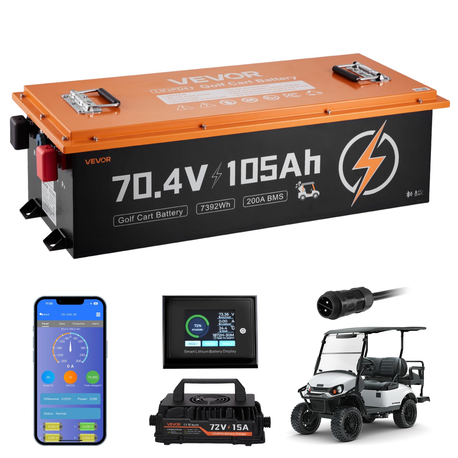 VEVOR 72V (70.4V) 105AH Lithium Golf Cart Battery, with 15A Charger, Lifepo4 Battery Kit, Built-in 200A BMS, with Bluetooth & To