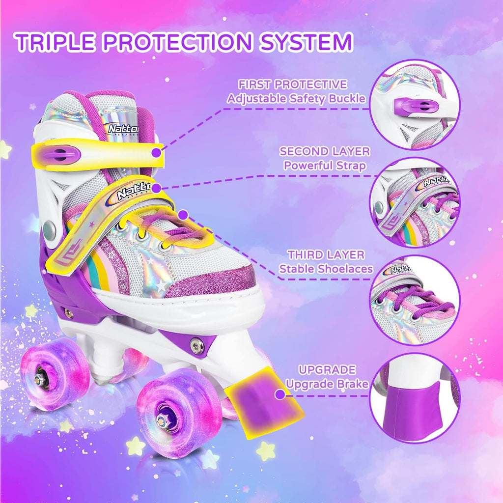 Girls Roller Skates For Big Kids Ages6-12 7 8 9 10, 4 Size Adjustable Rainbow Quad Skates With All Light Up Wheels - Best Birthd