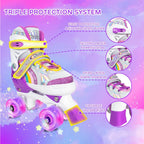 Girls Roller Skates For Big Kids Ages6-12 7 8 9 10, 4 Size Adjustable Rainbow Quad Skates With All Light Up Wheels - Best Birthd