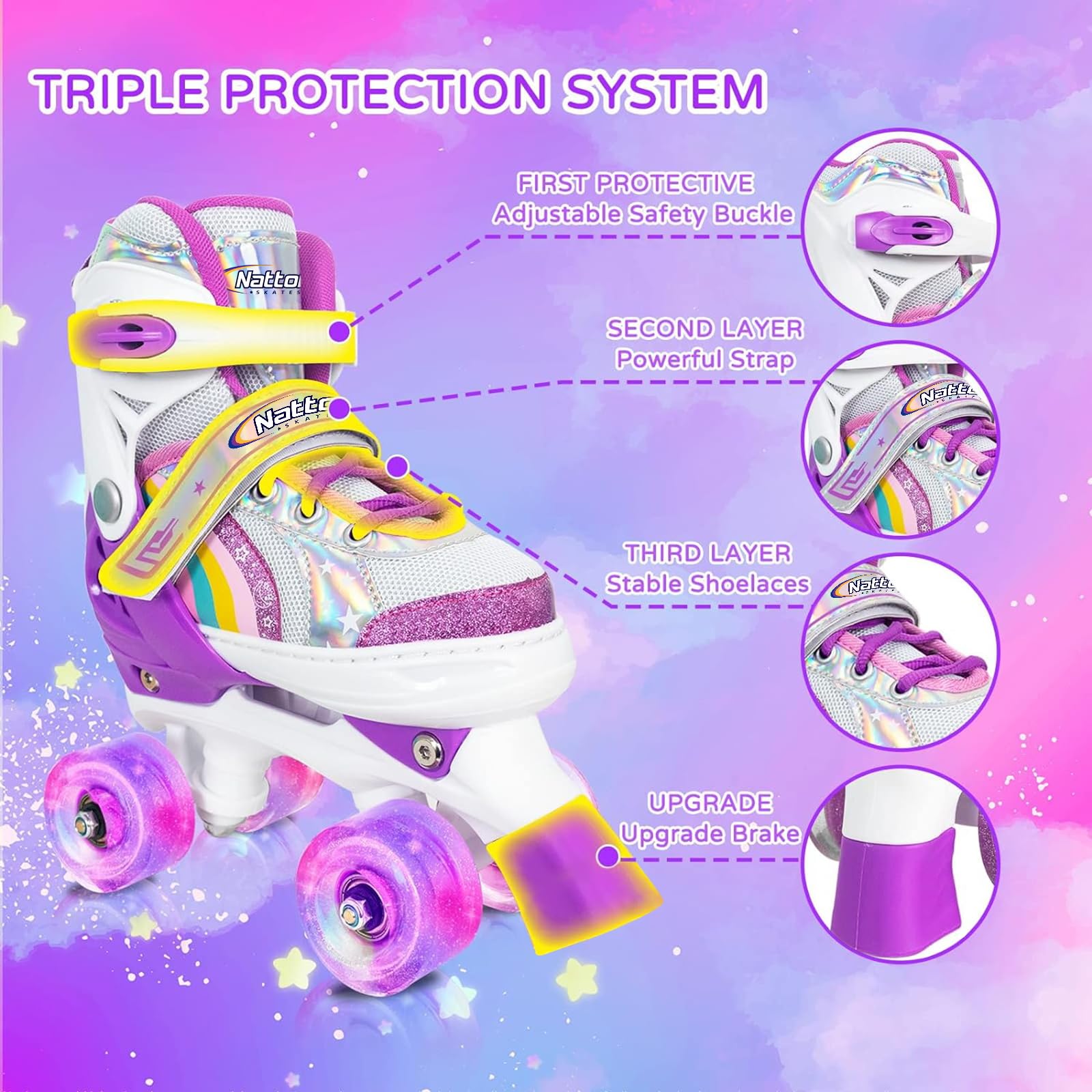 Girls Roller Skates For Big Kids Ages6-12 7 8 9 10, 4 Size Adjustable Rainbow Quad Skates With All Light Up Wheels - Best Birthd