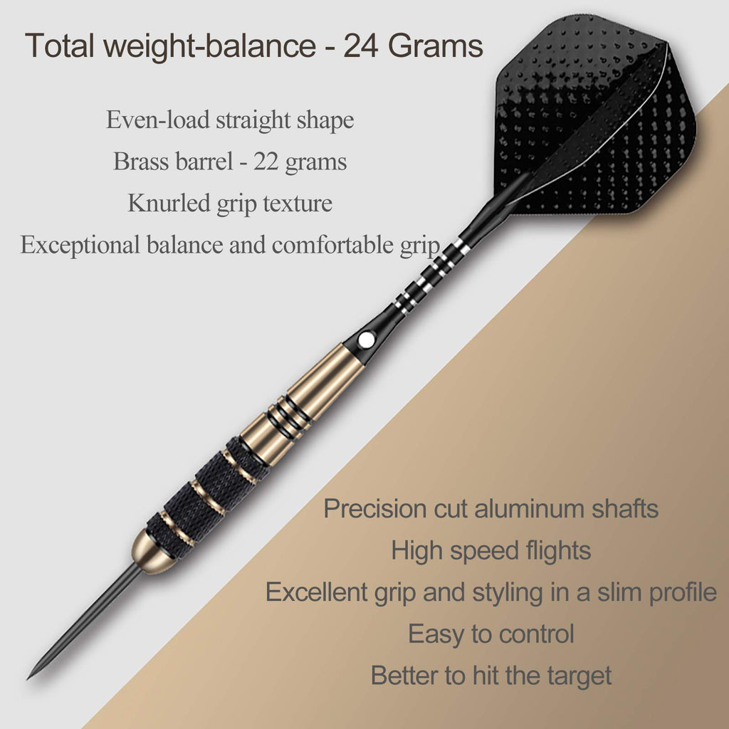 Sanfeng Steel Tip Darts Set For Dartboard, Professional Darts With Metal Tip 24 Grams, Brass Barrel + Black Aluminium Nylon Shaf
