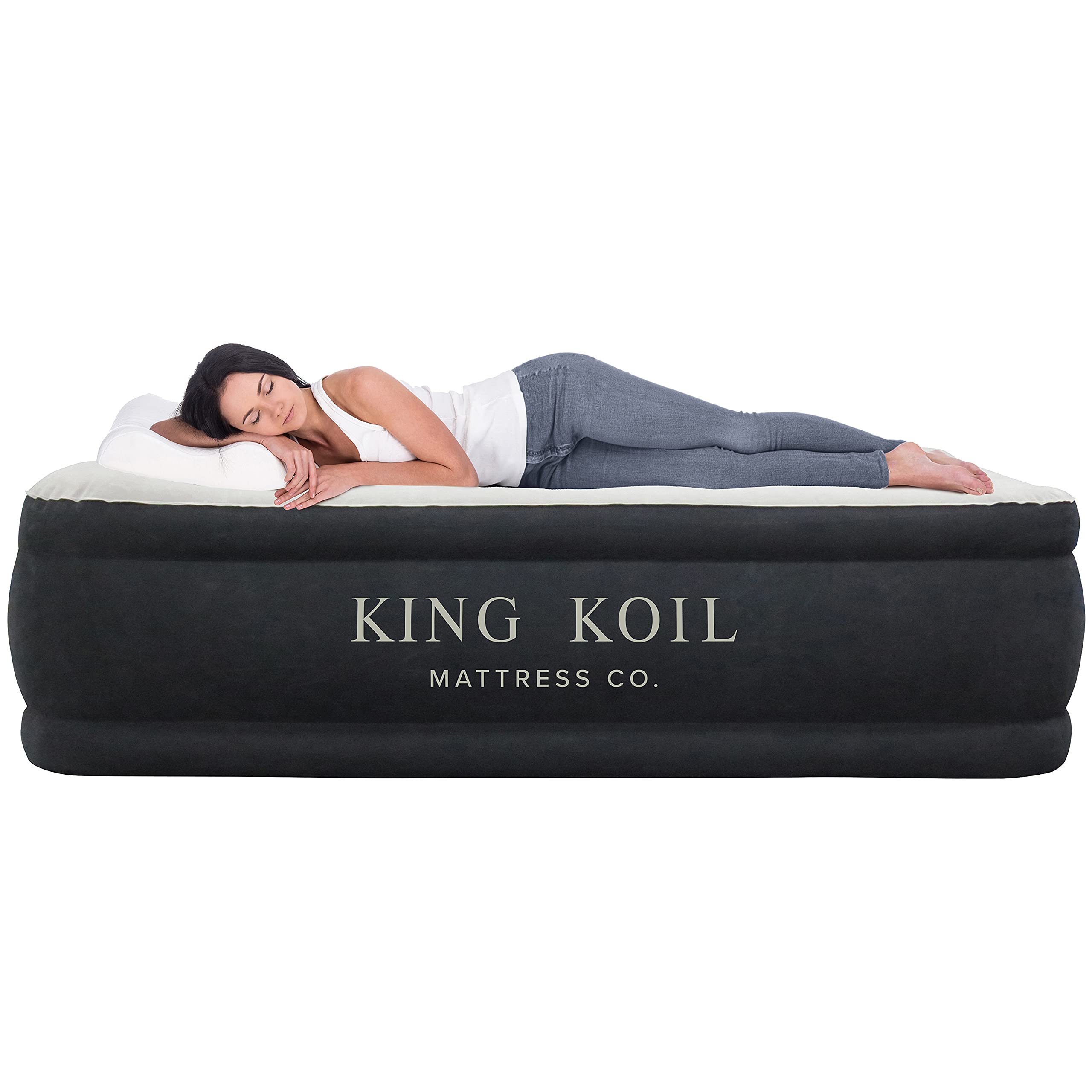 King Koil Plush Pillow Top King Air Mattress With Built-In High-Speed Pump Best For Home, Camping, Guests, 20'' King Size Luxury