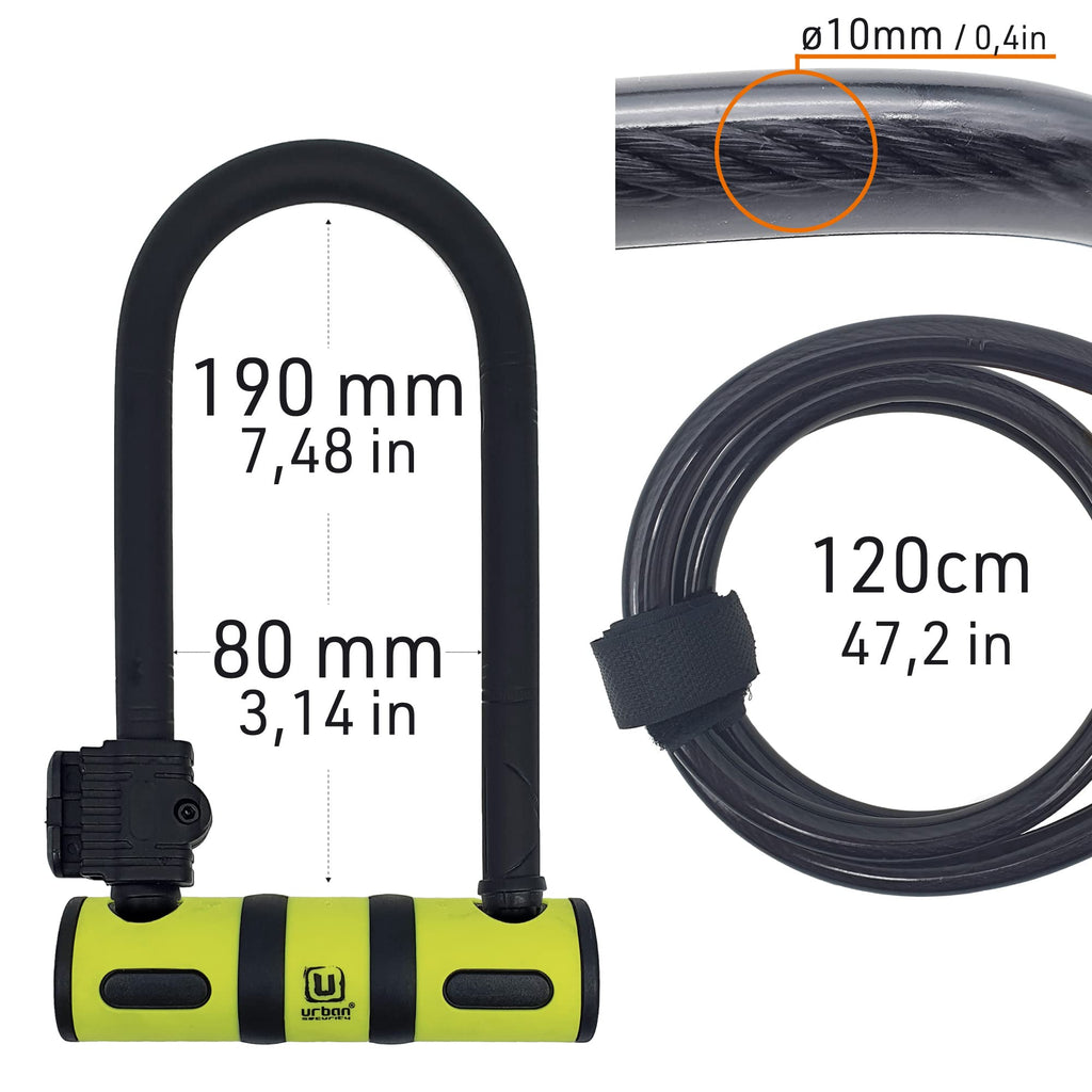 Urban Ur80150B Bicycle U Lock, Hardened Steel, Double Locking, Fork A051In Coating, Interior 31X75In, Security Loop Cable 39Ft A