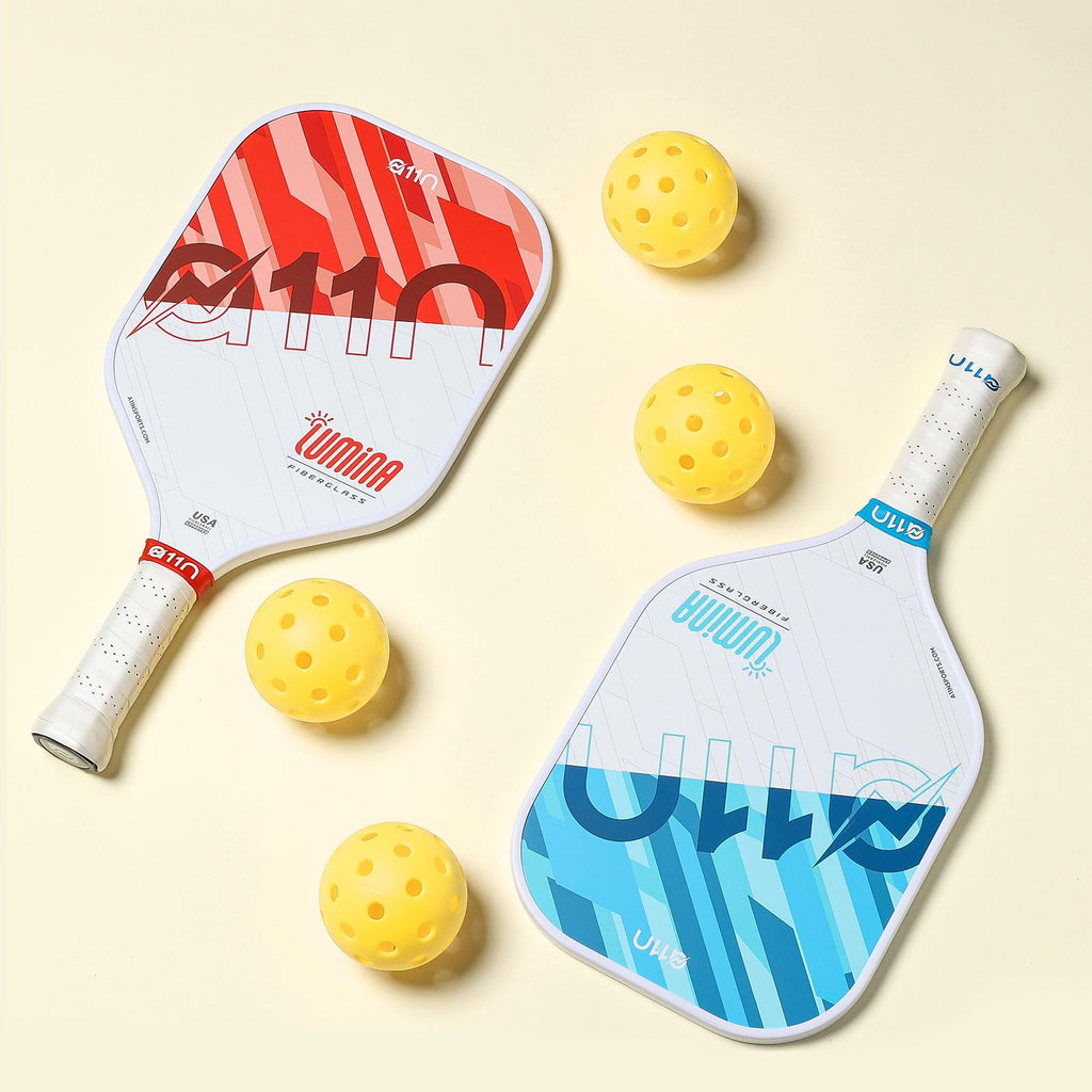 A11N Pickleball Paddles Set Of 4 Fiberglass Surface Rackets With 4 Balls And A Bag For Beginners - Usapa Approved, Red & Blue