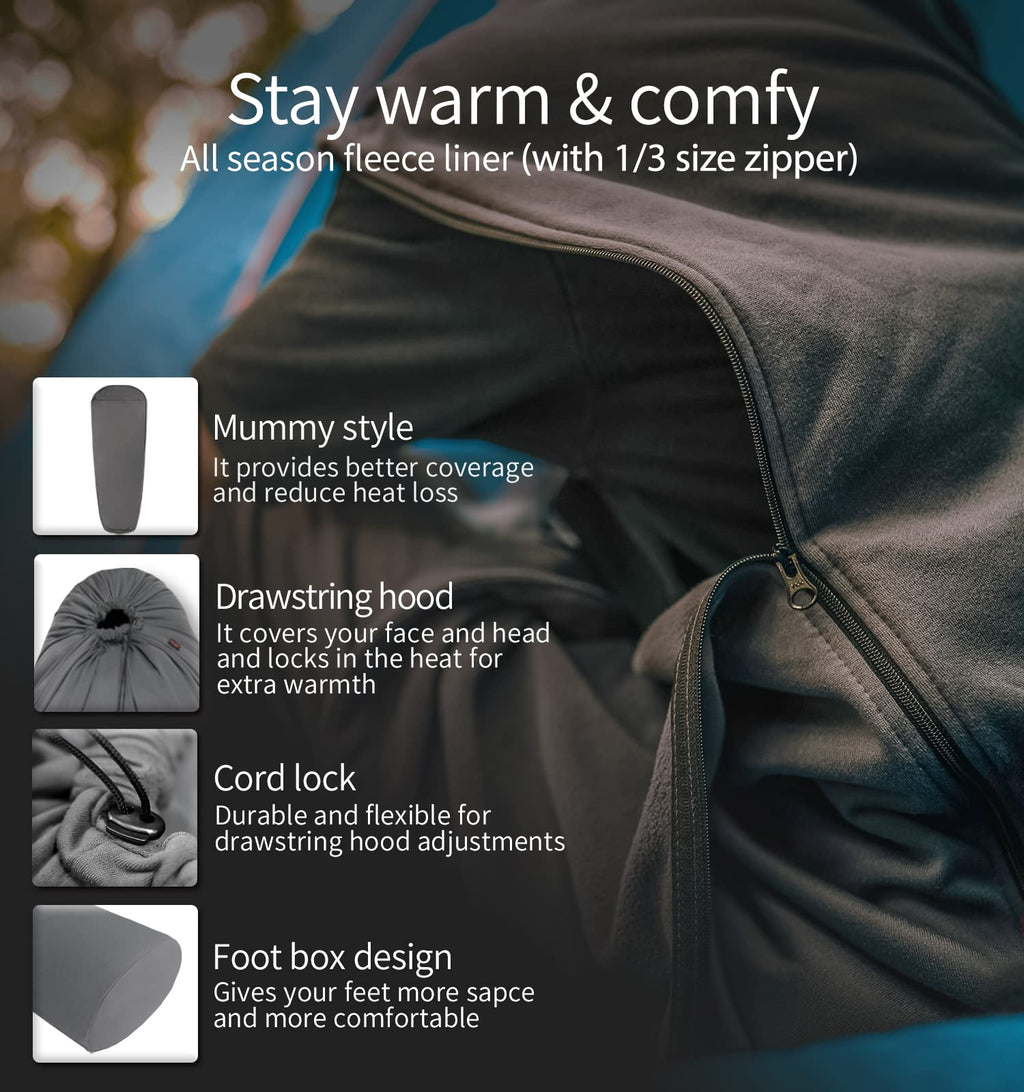 Litume All Season Sleeping Bag Liner Adds Up To 27F, Lightweight Mummy Sleeping Sack For Backpacking, Camping, Traveling With Dr