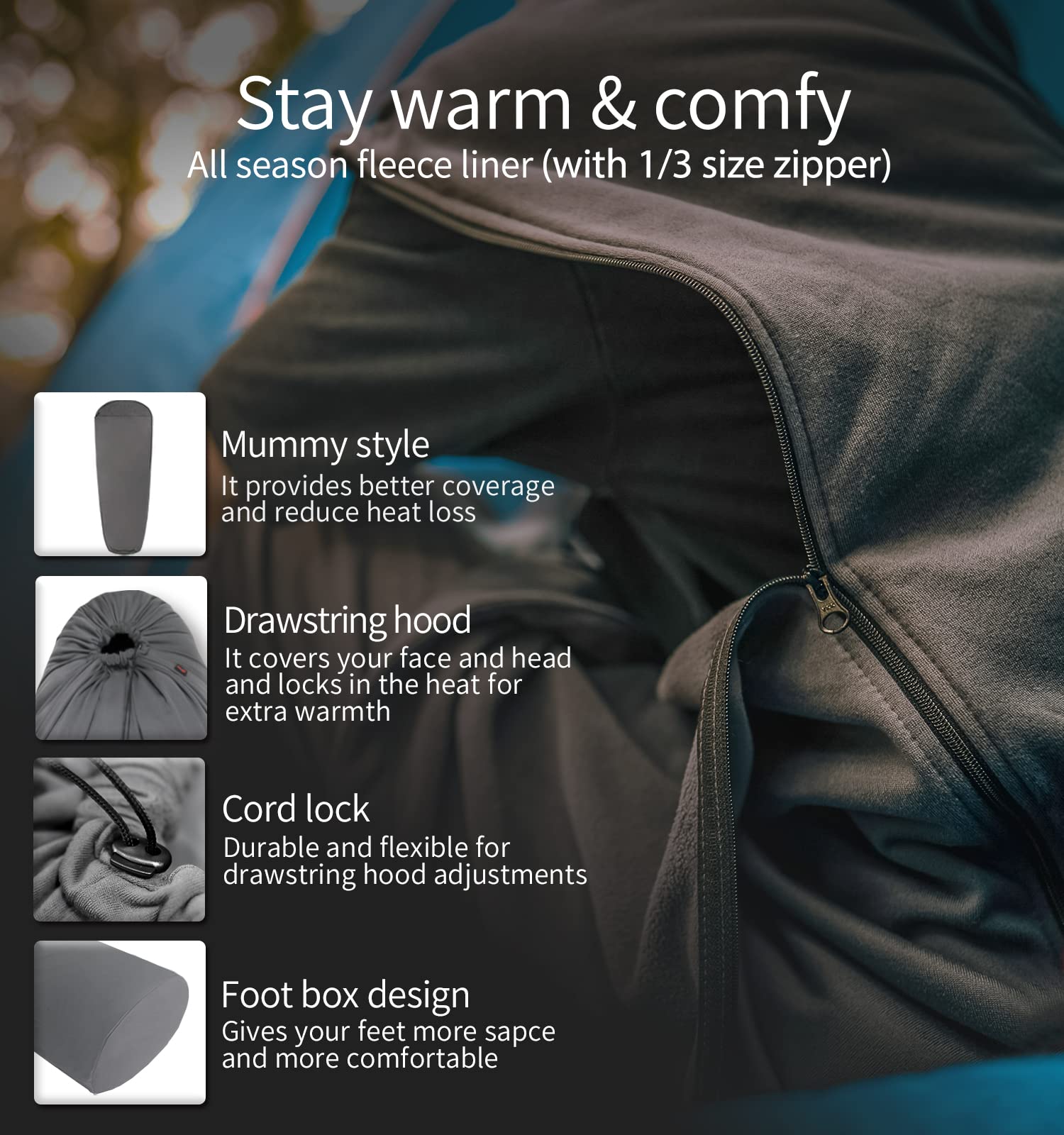 Litume All Season Sleeping Bag Liner Adds Up To 27F, Lightweight Mummy Sleeping Sack For Backpacking, Camping, Traveling With Dr