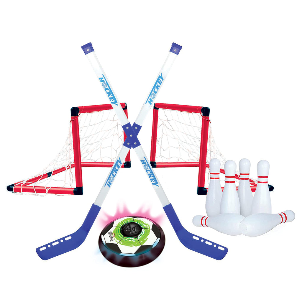 Hover?Hockey, Soccer, Bowling?3-In-1?Sports Set! Safe Indoor Game, 6 Bowling Pins, 2 Hockey Sticks, 2 Goals, 1 Hover Disk, Glide