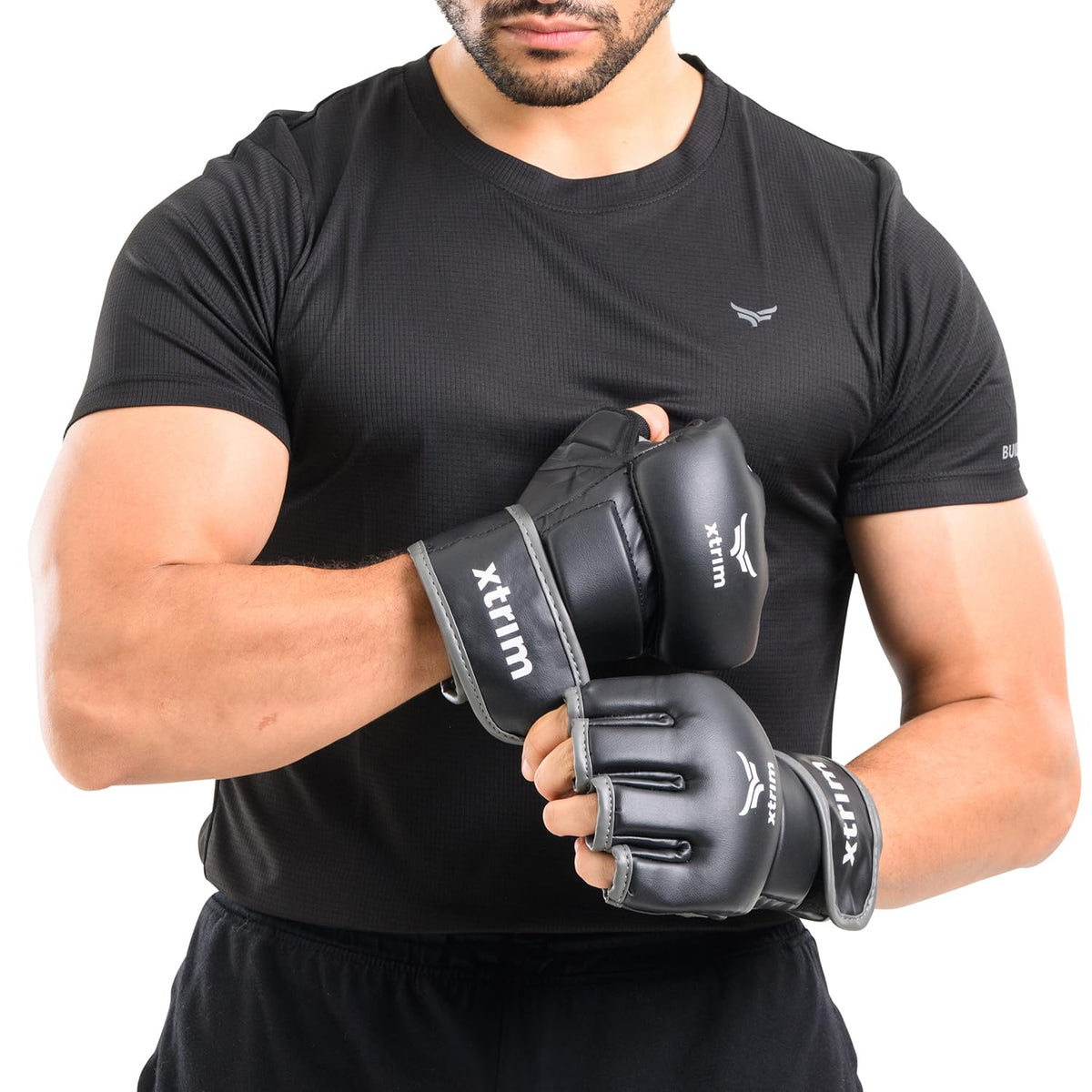 XTRIM MMA Kickboxing Gloves for Men, HalfFinger Without Thumb Coverage | Thick Padding on Palm, Wrist Support, PU Leather, Muay