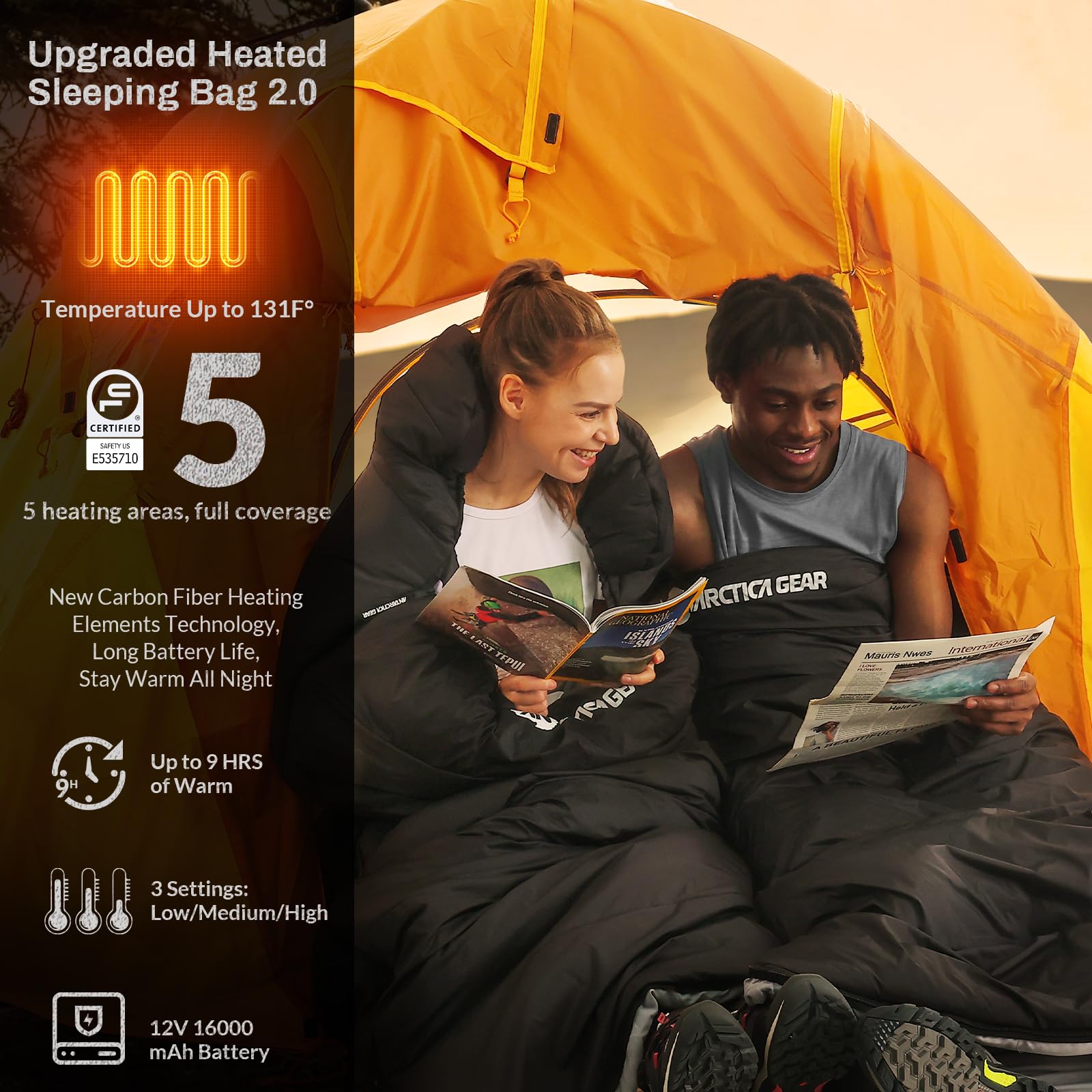 Antarctica Gear Heated Sleeping Bag, 5Pcs Heating Areas Sleeping Bags With 16000Mah 12V Battery Pack, 3 Adjustable Heating Level