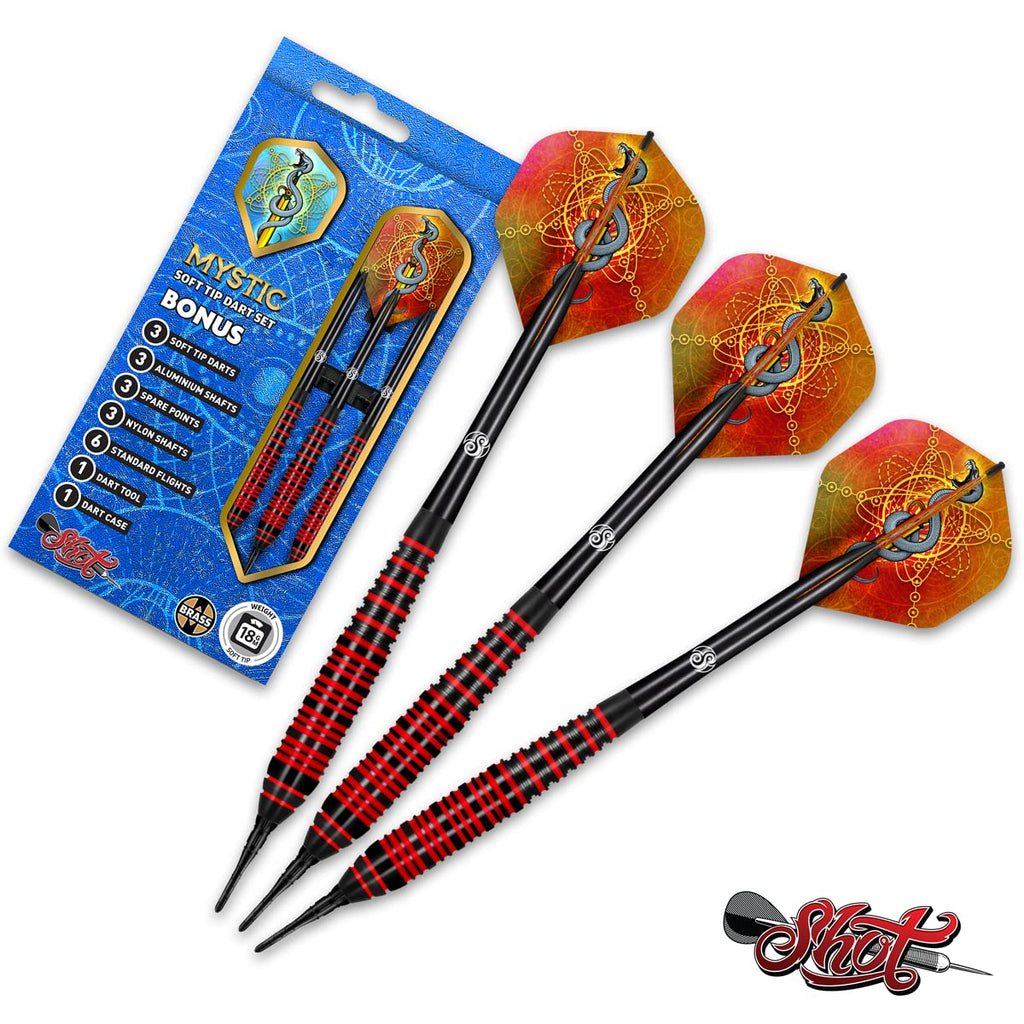 Shot! Darts Mystic Red-Soft Tip Dart Set-18Gm-Centre Weighted-Colour Plated Brass Barrels